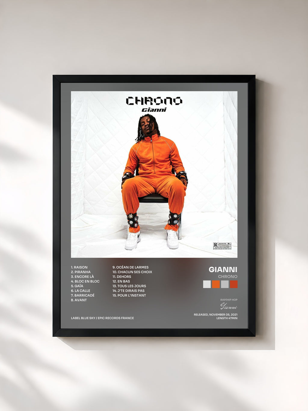 #noir Tableau de l'album Chrono de Gianni, cadre noir, imprimé et encadré en France