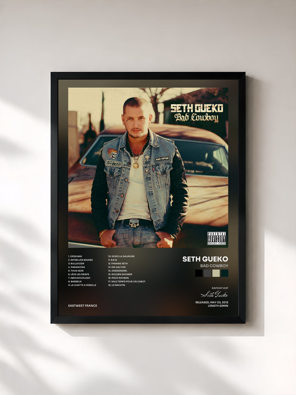 #noir Tableau de l'album Bad Cowboy de Seth Gueko, cadre noir, imprimé et encadré en France