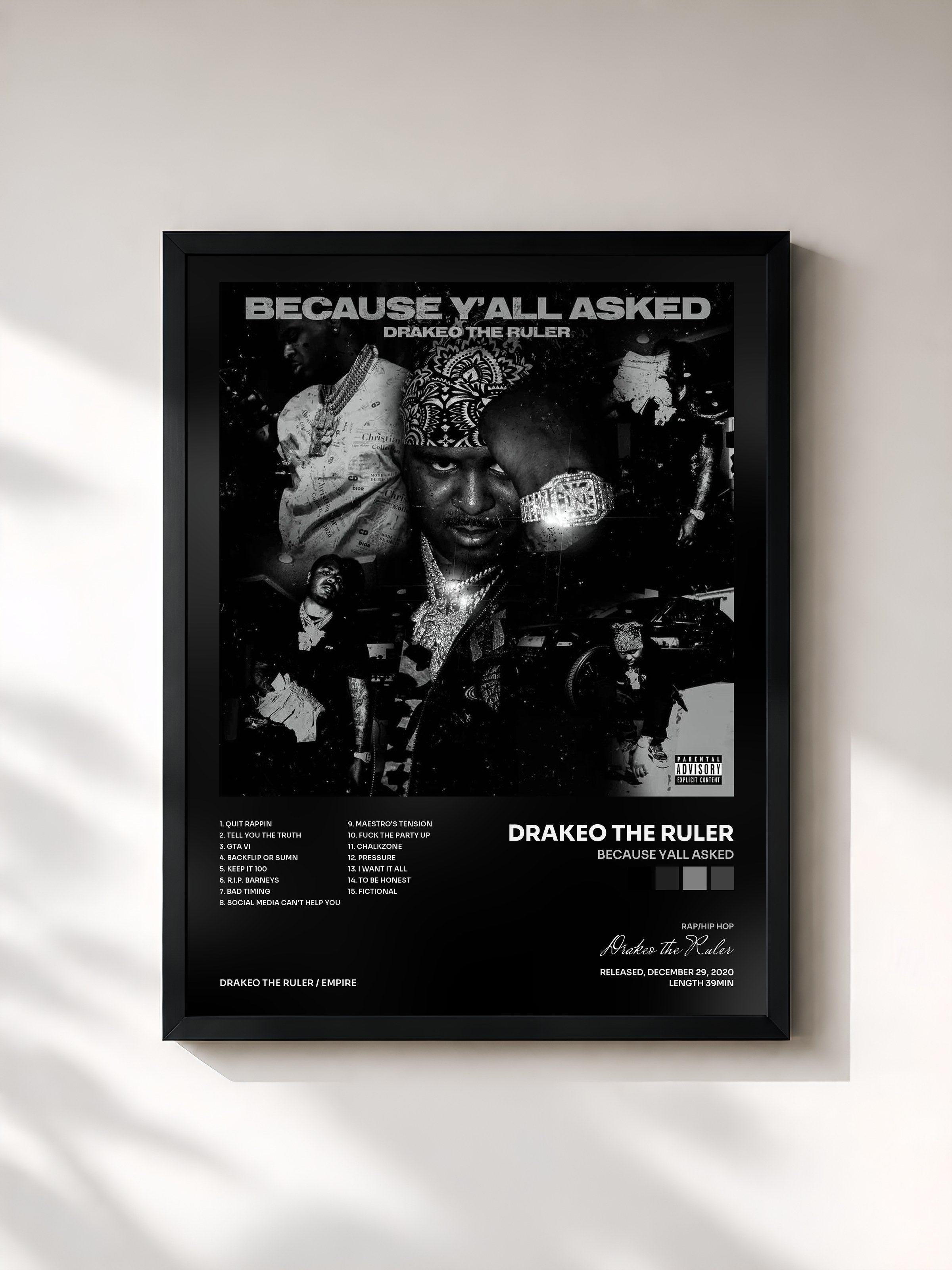 #noir Tableau de l'album Because Yall Asked de Drakeo the Ruler, cadre noir, imprimé et encadré en France