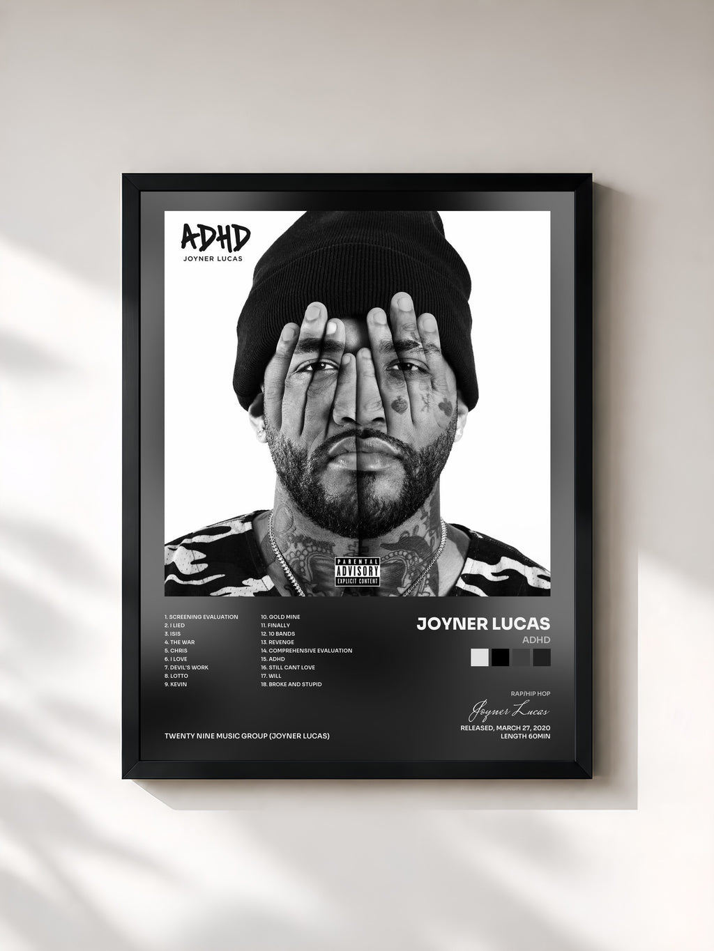 #noir Tableau de l'album ADHD de Joyner Lucas, cadre noir, imprimé et encadré en France