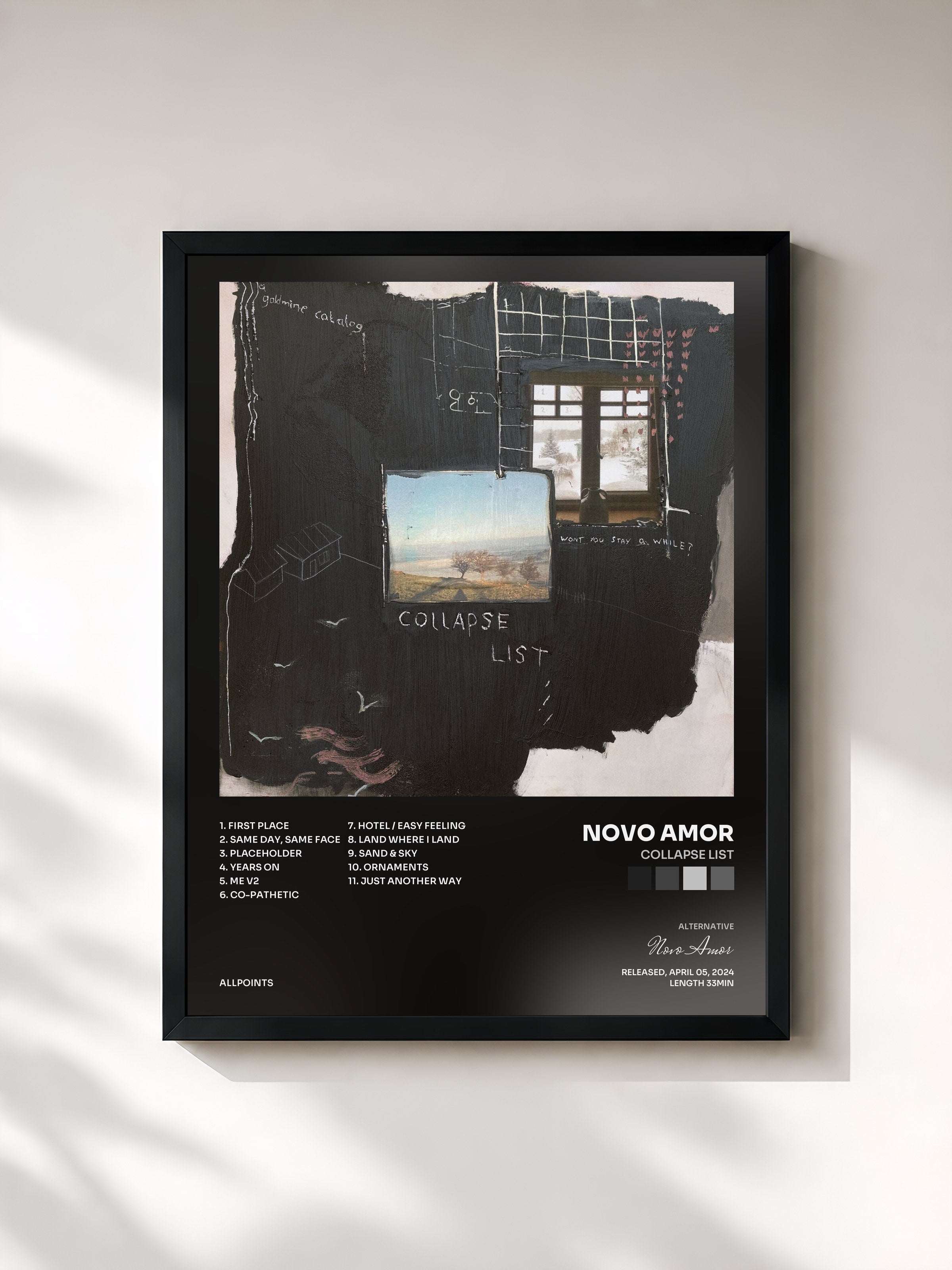 #noir Tableau de l'album Collapse List de Novo Amor, cadre noir, imprimé et encadré en France