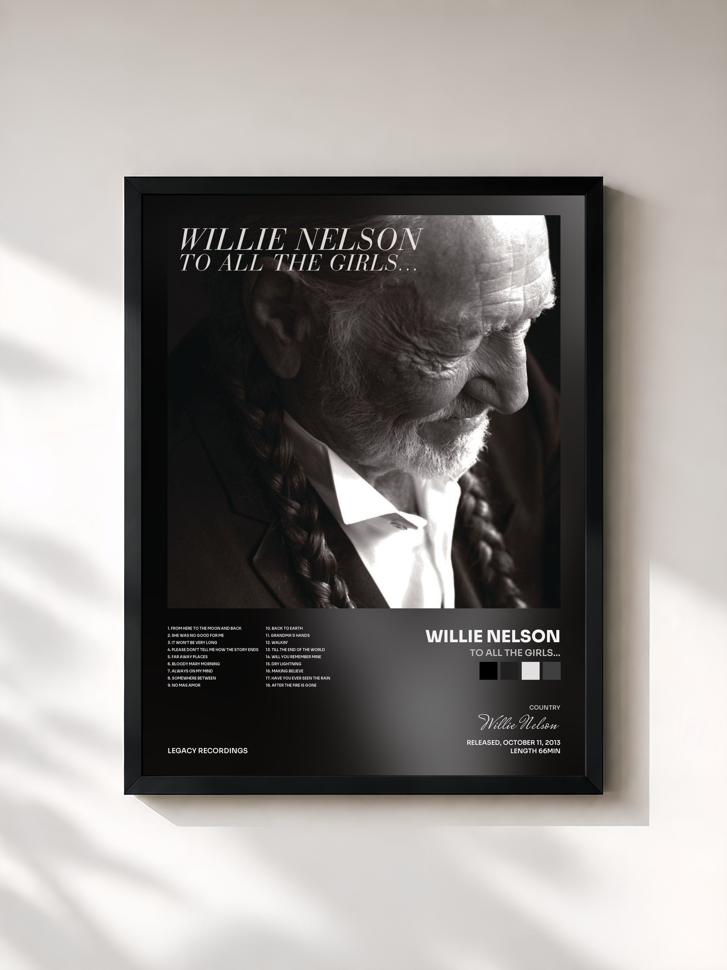 #noir Tableau de l'album To All The Girls... de Willie Nelson, cadre noir, imprimé et encadré en France