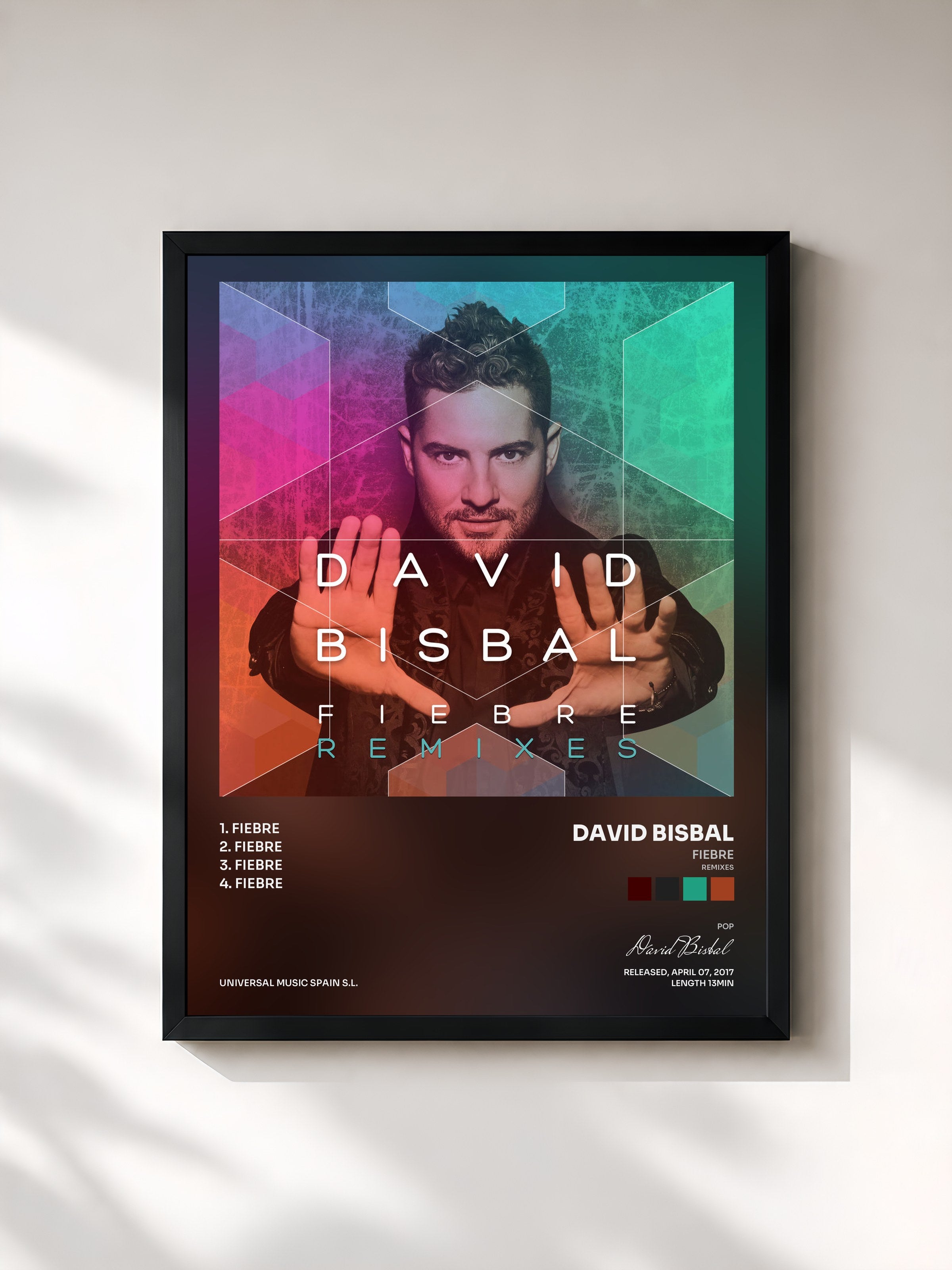 #noir Tableau de l'album Fiebre (Remixes) de David Bisbal, cadre noir, imprimé et encadré en France
