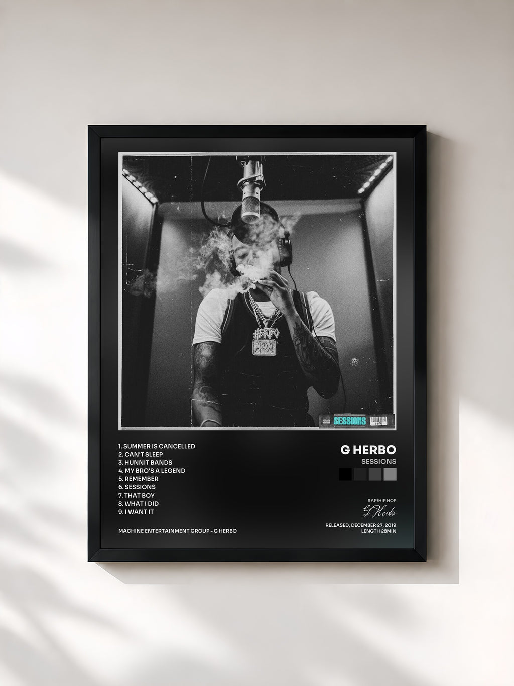 #noir Tableau de l'album Sessions de G Herbo, cadre noir, imprimé et encadré en France