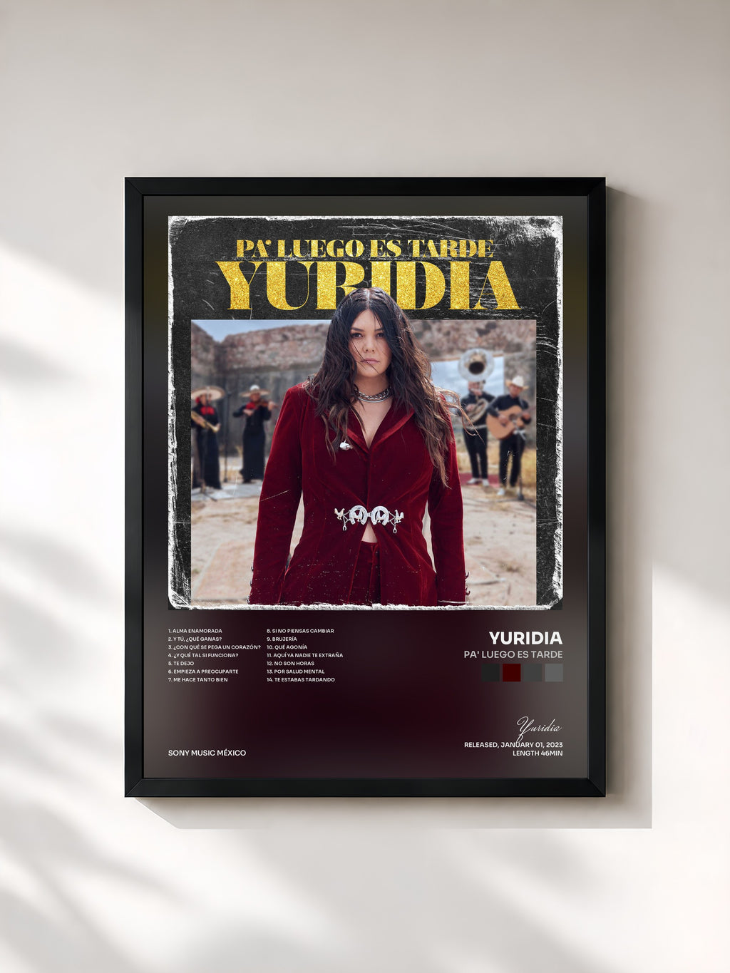 #noir Tableau de l'album Pa' Luego Es Tarde de Yuridia, cadre noir, imprimé et encadré en France