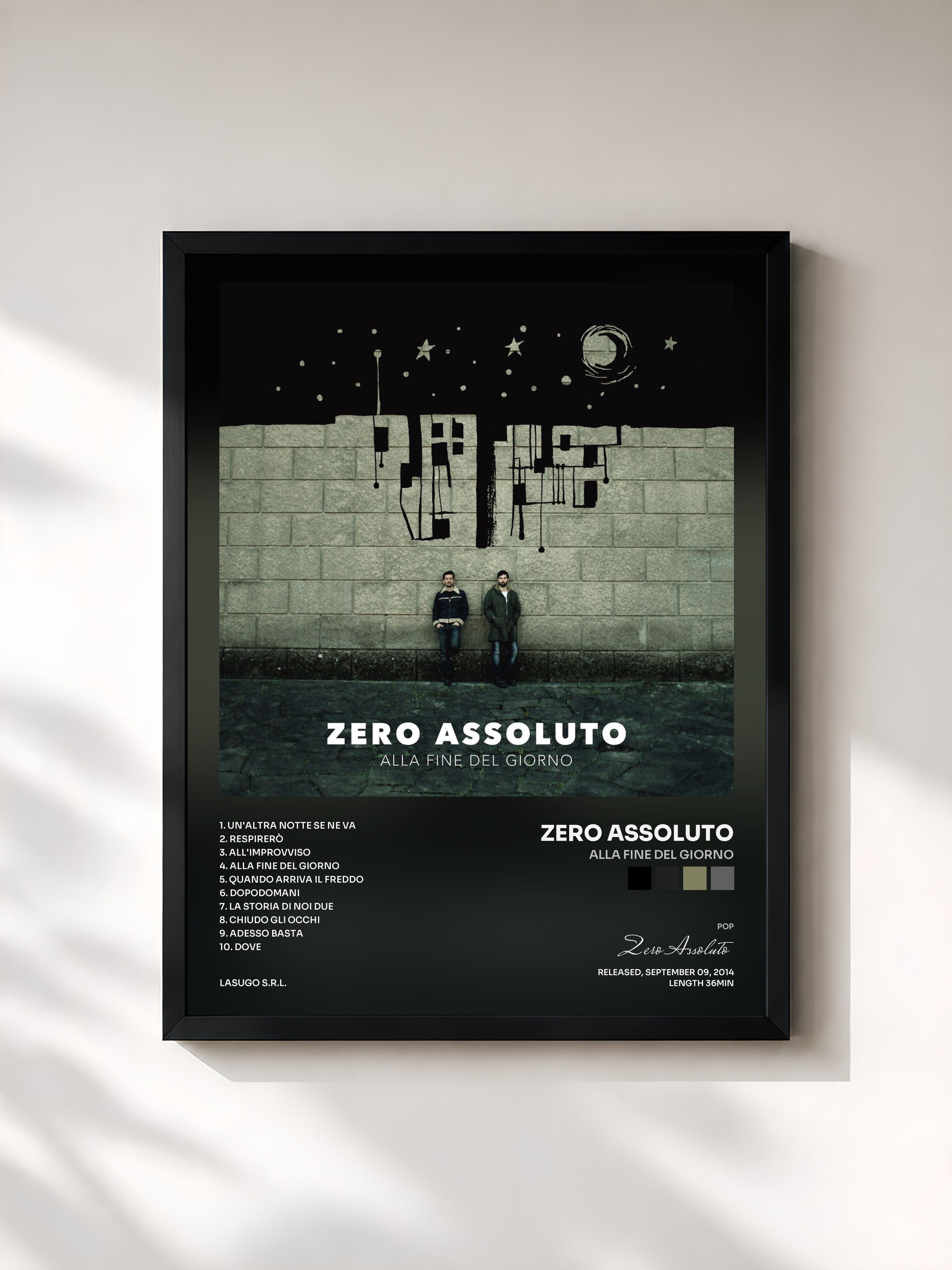 #noir Tableau de l'album Alla Fine Del Giorno de Zero Assoluto, cadre noir, imprimé et encadré en France