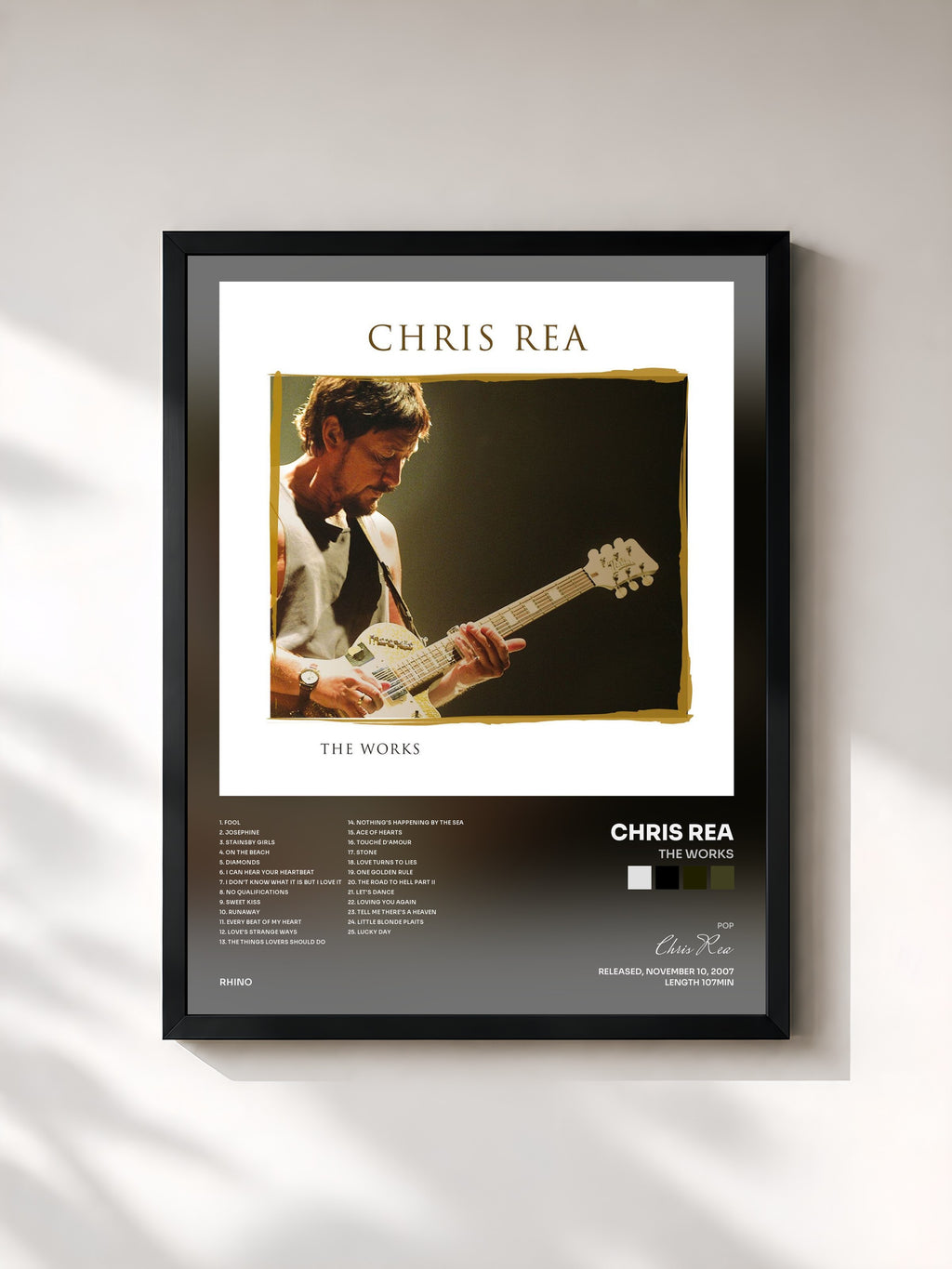 #noir Tableau de l'album The Works de Chris Rea, cadre noir, imprimé et encadré en France