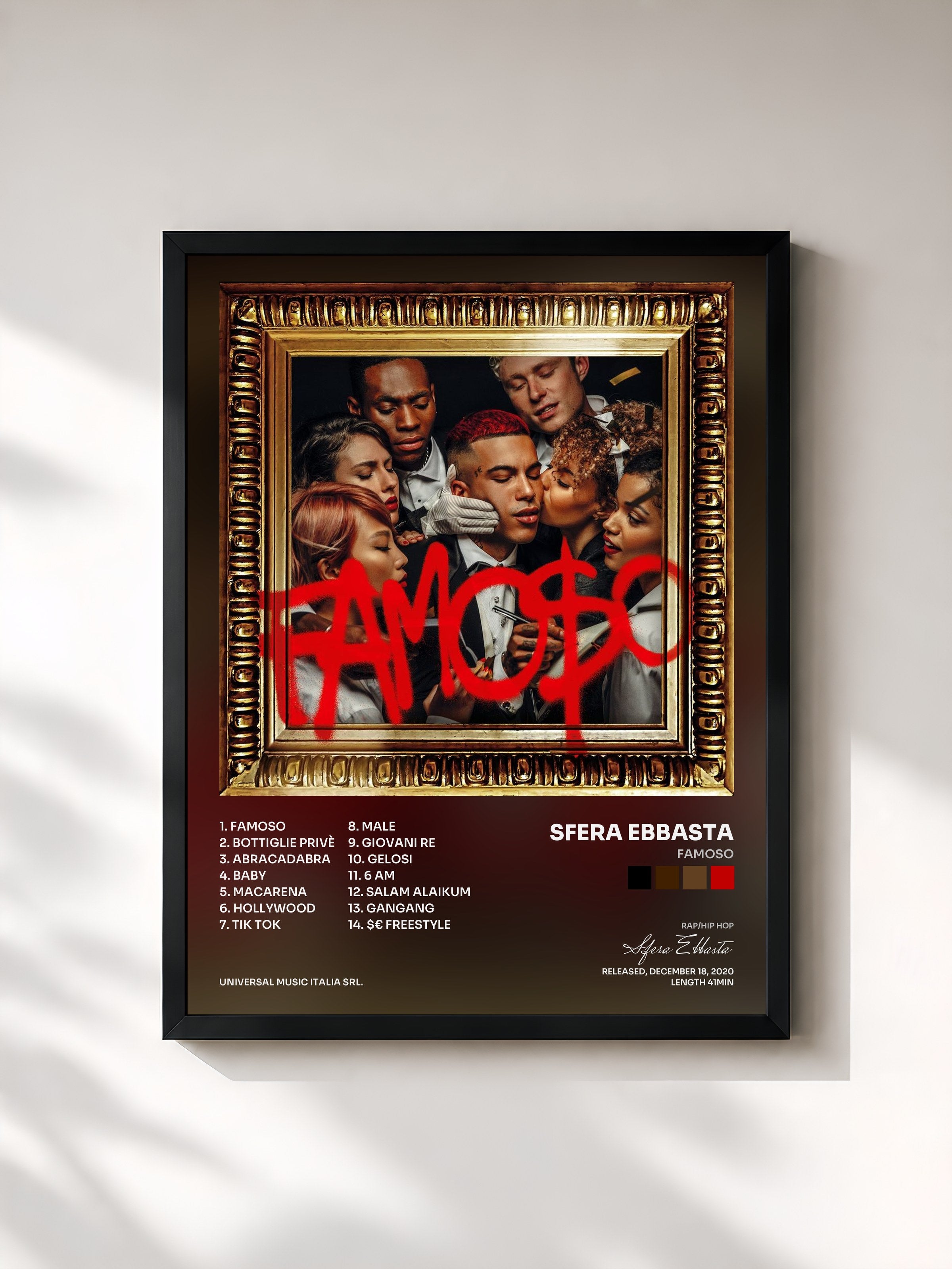 #noir Tableau de l'album Famoso de Sfera Ebbasta, cadre noir, imprimé et encadré en France