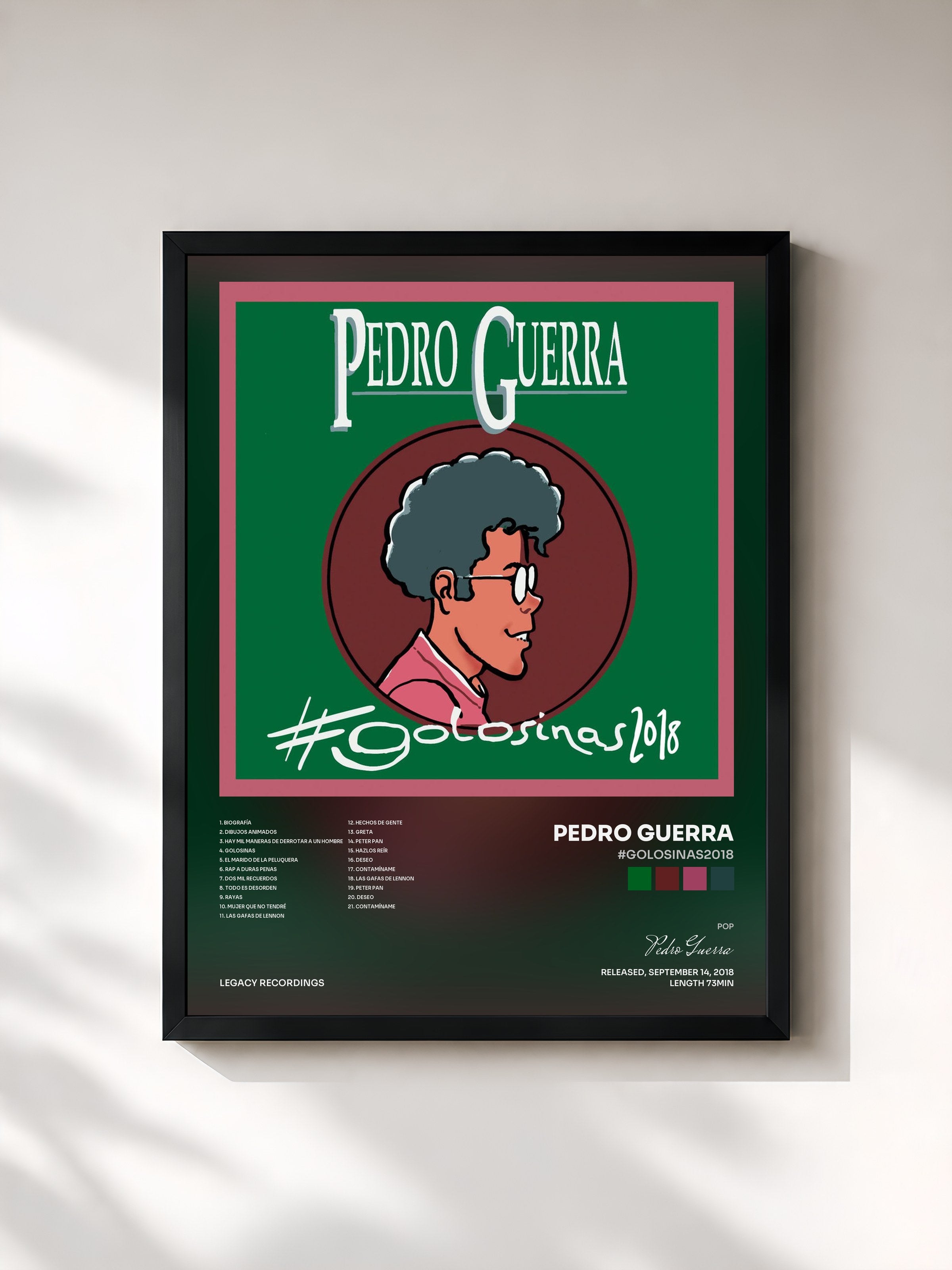 #noir Tableau de l'album #Golosinas2018 de Pedro Guerra, cadre noir, imprimé et encadré en France
