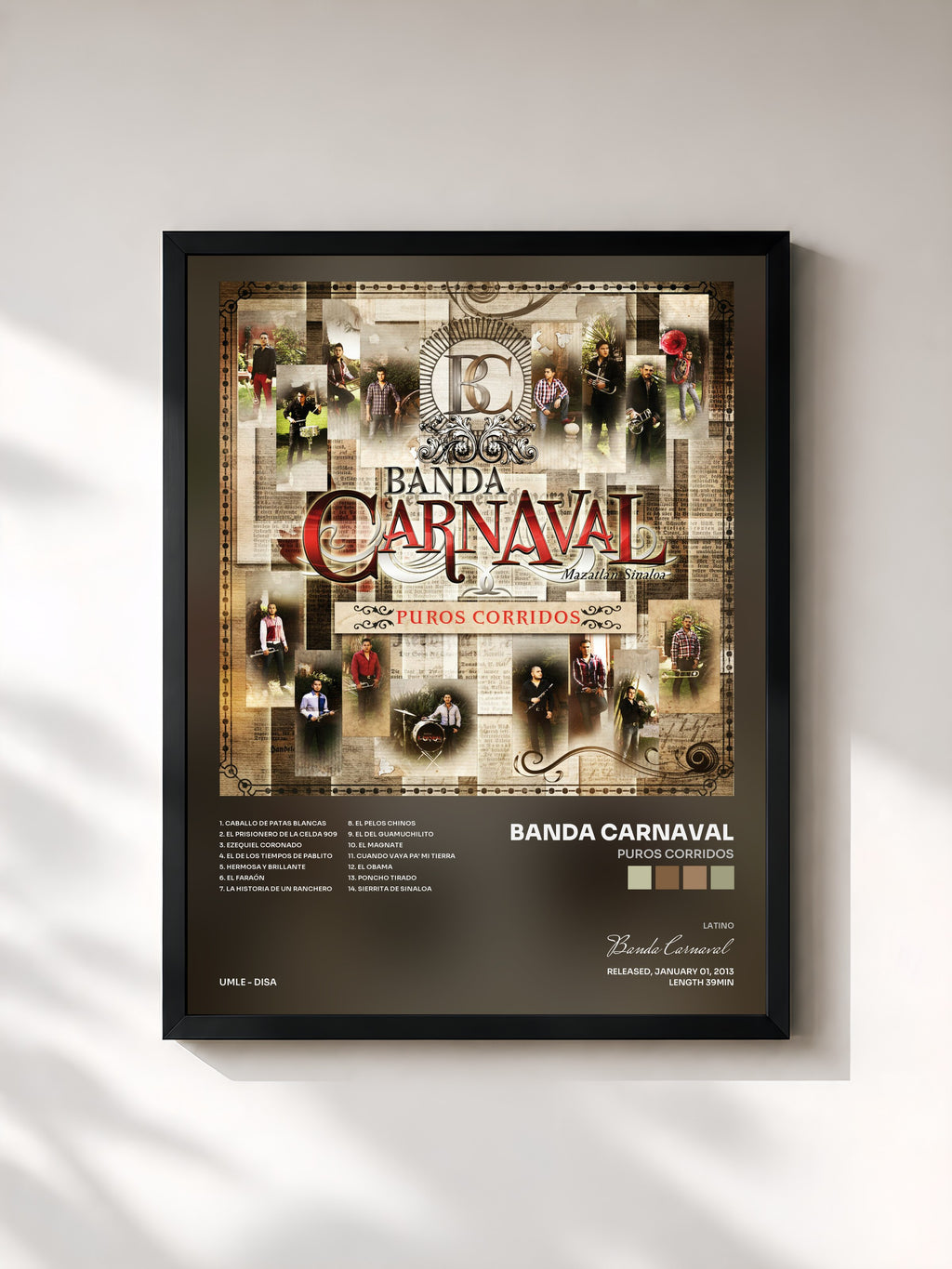 #noir Tableau de l'album Puros Corridos de Banda Carnaval, cadre noir, imprimé et encadré en France