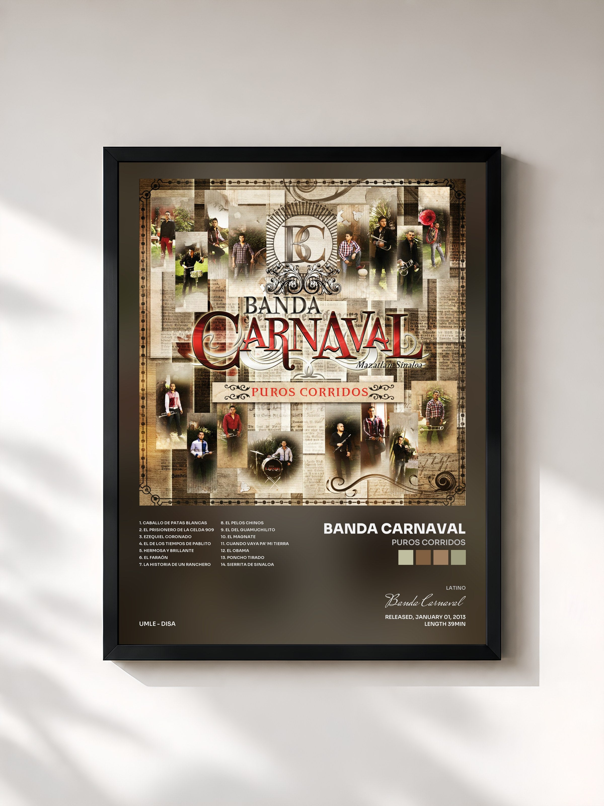 #noir Tableau de l'album Puros Corridos de Banda Carnaval, cadre noir, imprimé et encadré en France