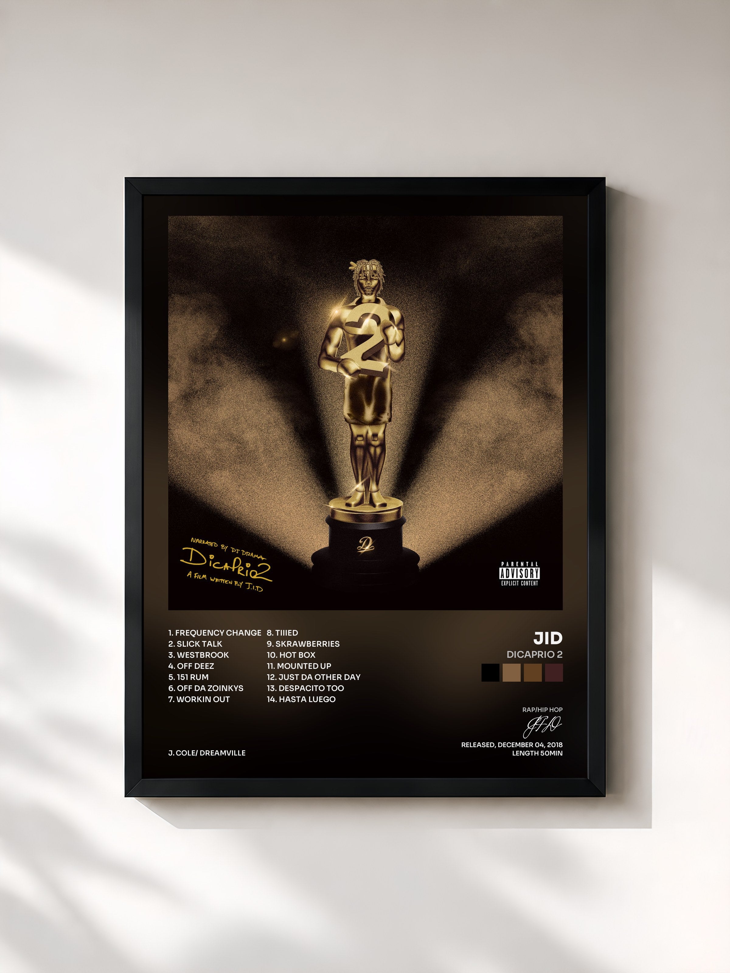 #noir Tableau de l'album DiCaprio 2 de JID, cadre noir, imprimé et encadré en France