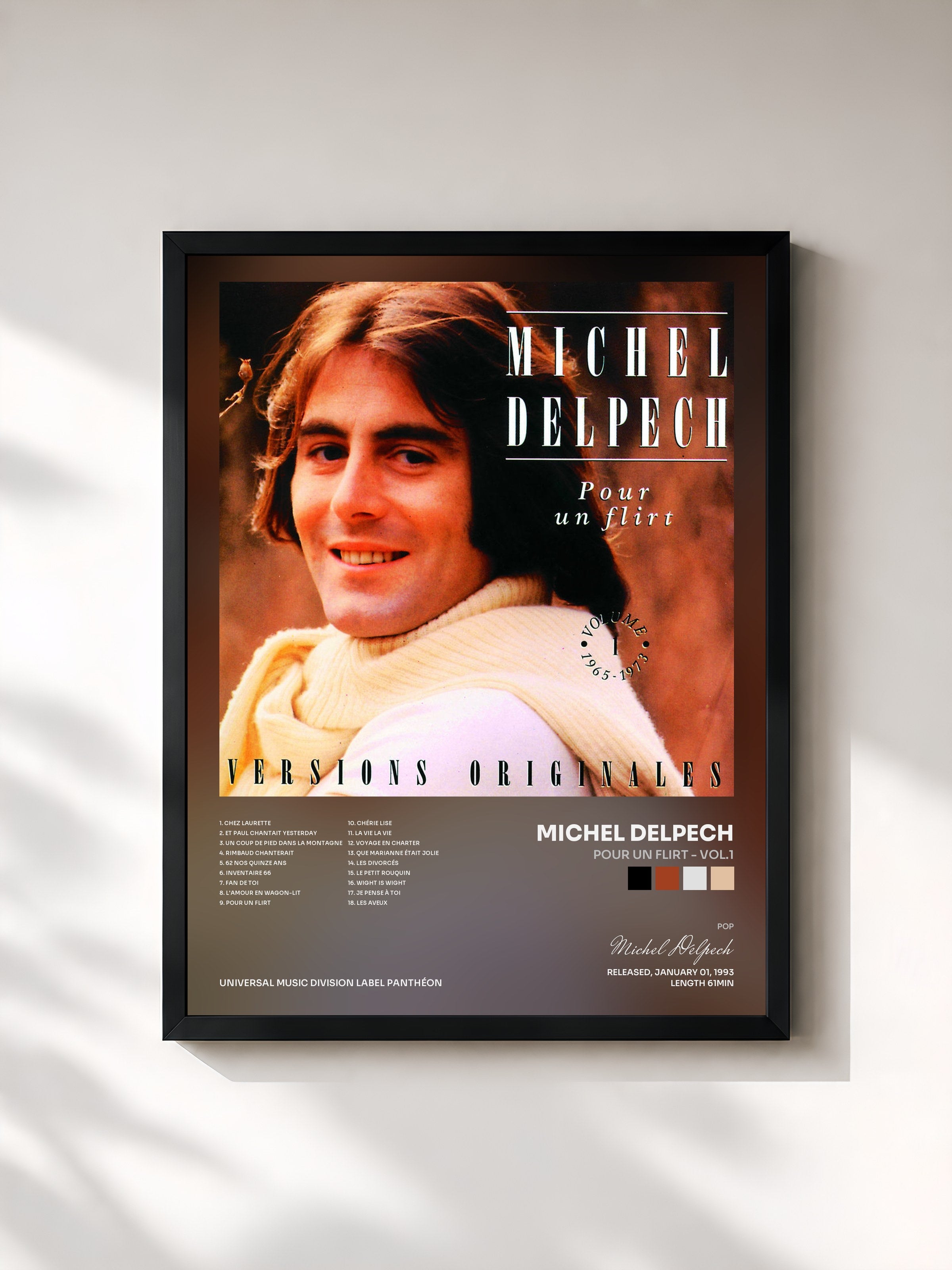 #noir Tableau de l'album Pour Un Flirt - Vol.1 de Michel Delpech, cadre noir, imprimé et encadré en France