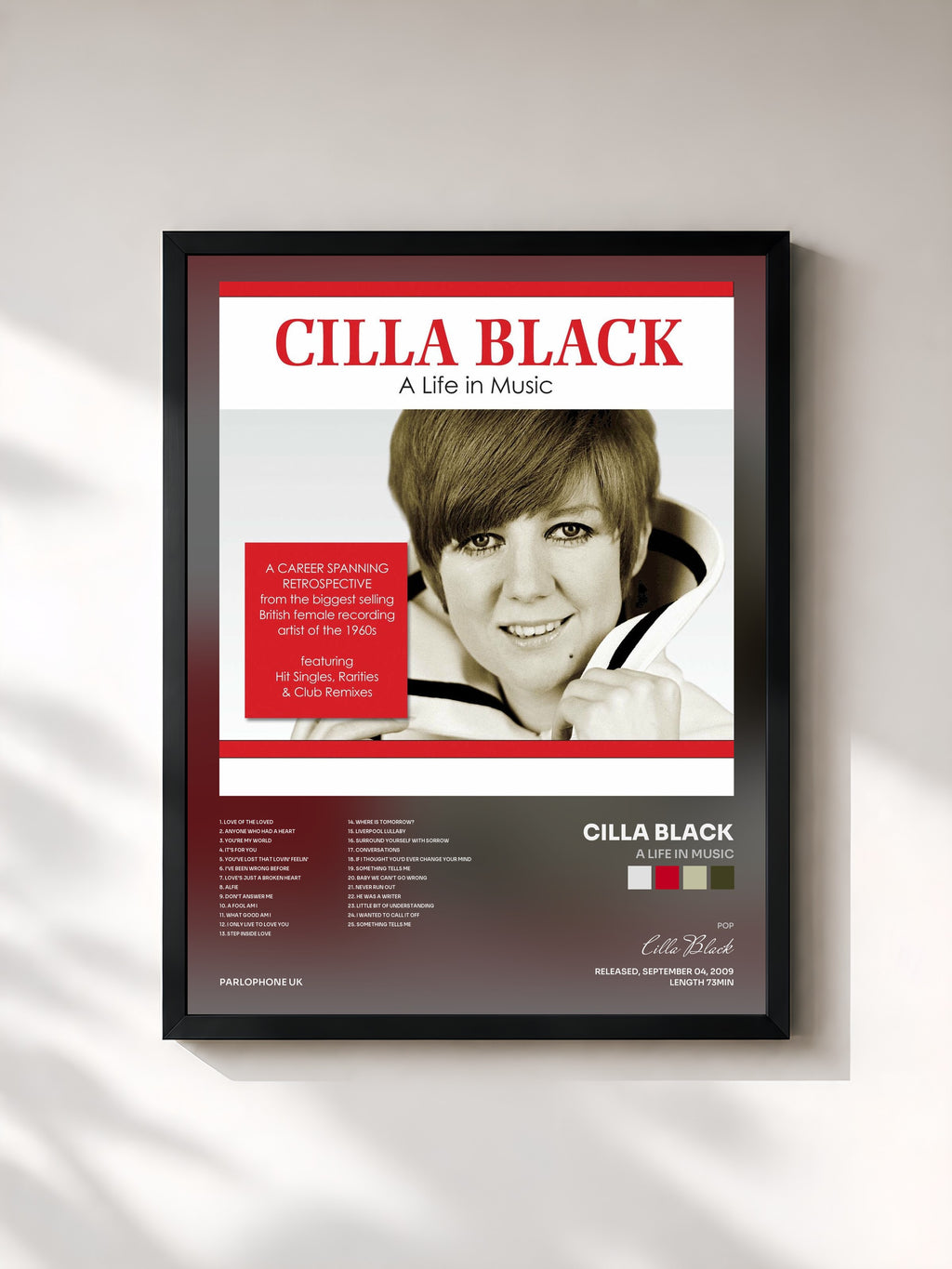 #noir Tableau de l'album A Life in Music de Cilla Black, cadre noir, imprimé et encadré en France