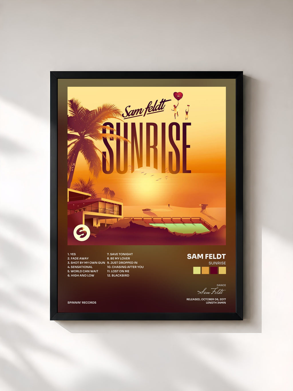 #noir Tableau de l'album Sunrise de Sam Feldt, cadre noir, imprimé et encadré en France
