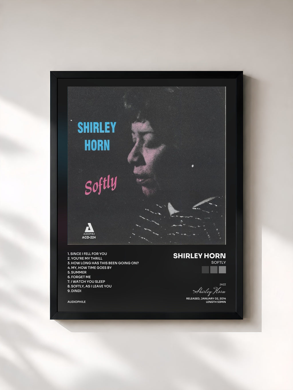 #noir Tableau de l'album Softly de Shirley Horn, cadre noir, imprimé et encadré en France