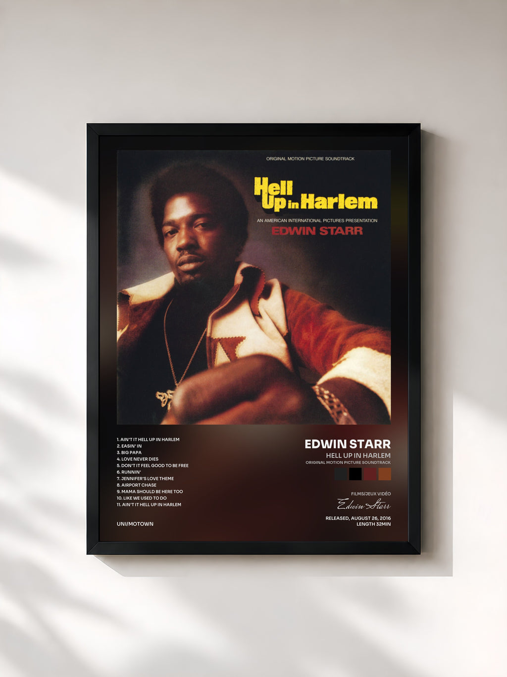 #noir Tableau de l'album Hell Up In Harlem (Original Motion Picture Soundtrack) de Edwin Starr, cadre noir, imprimé et encadré en France