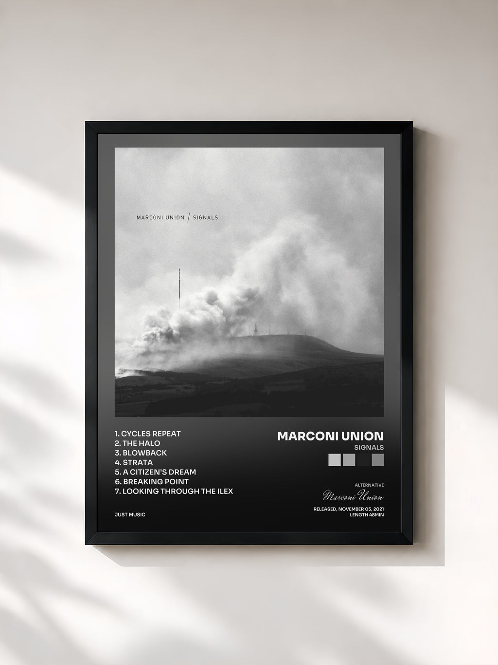 #noir Tableau de l'album Signals de Marconi Union, cadre noir, imprimé et encadré en France