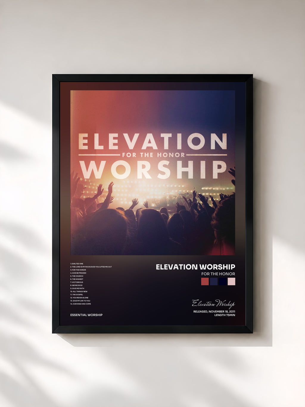 #noir Tableau de l'album For The Honor de Elevation Worship, cadre noir, imprimé et encadré en France
