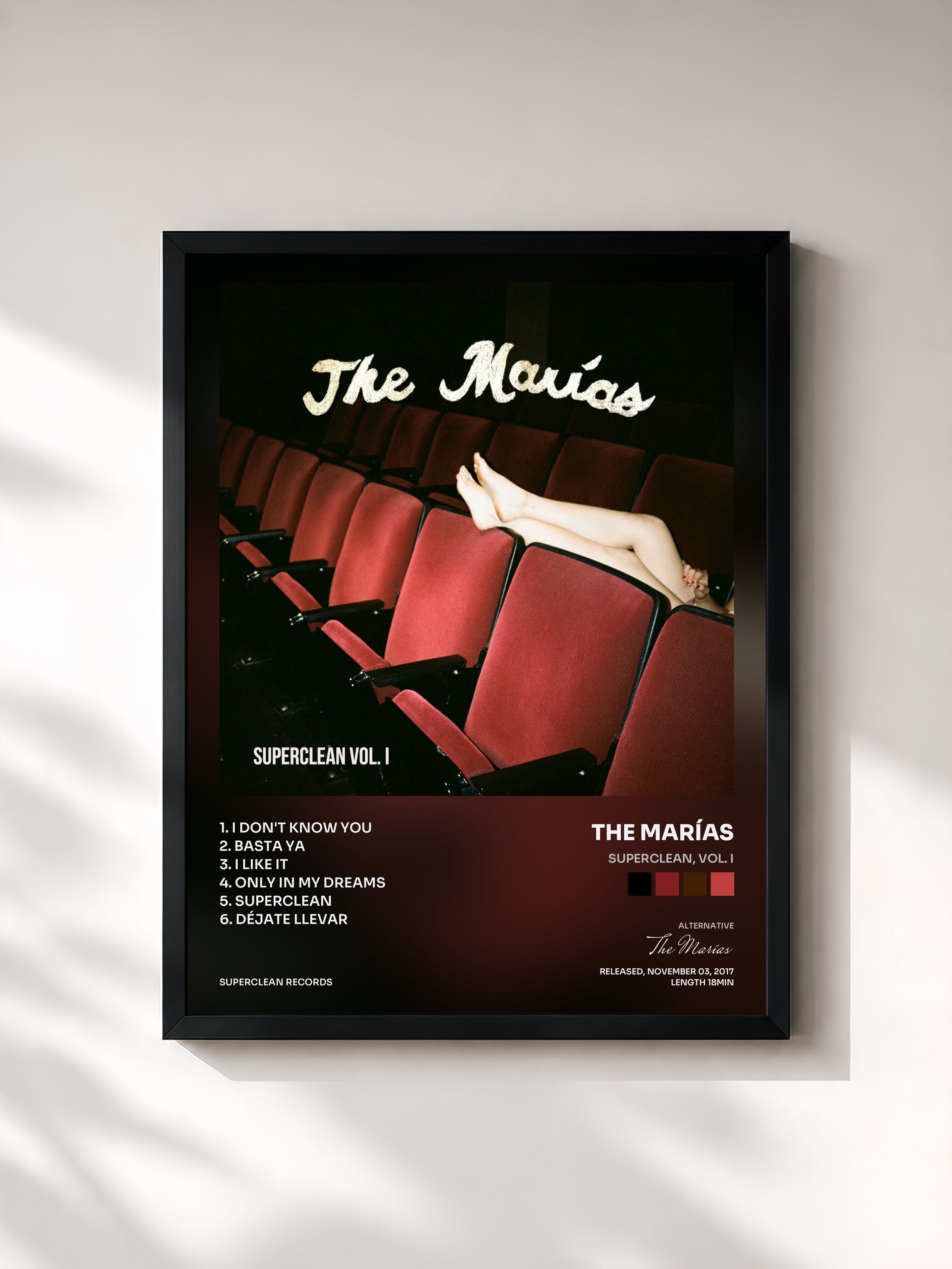 #noir Tableau de l'album Superclean, Vol. I de The Marías, cadre noir, imprimé et encadré en France