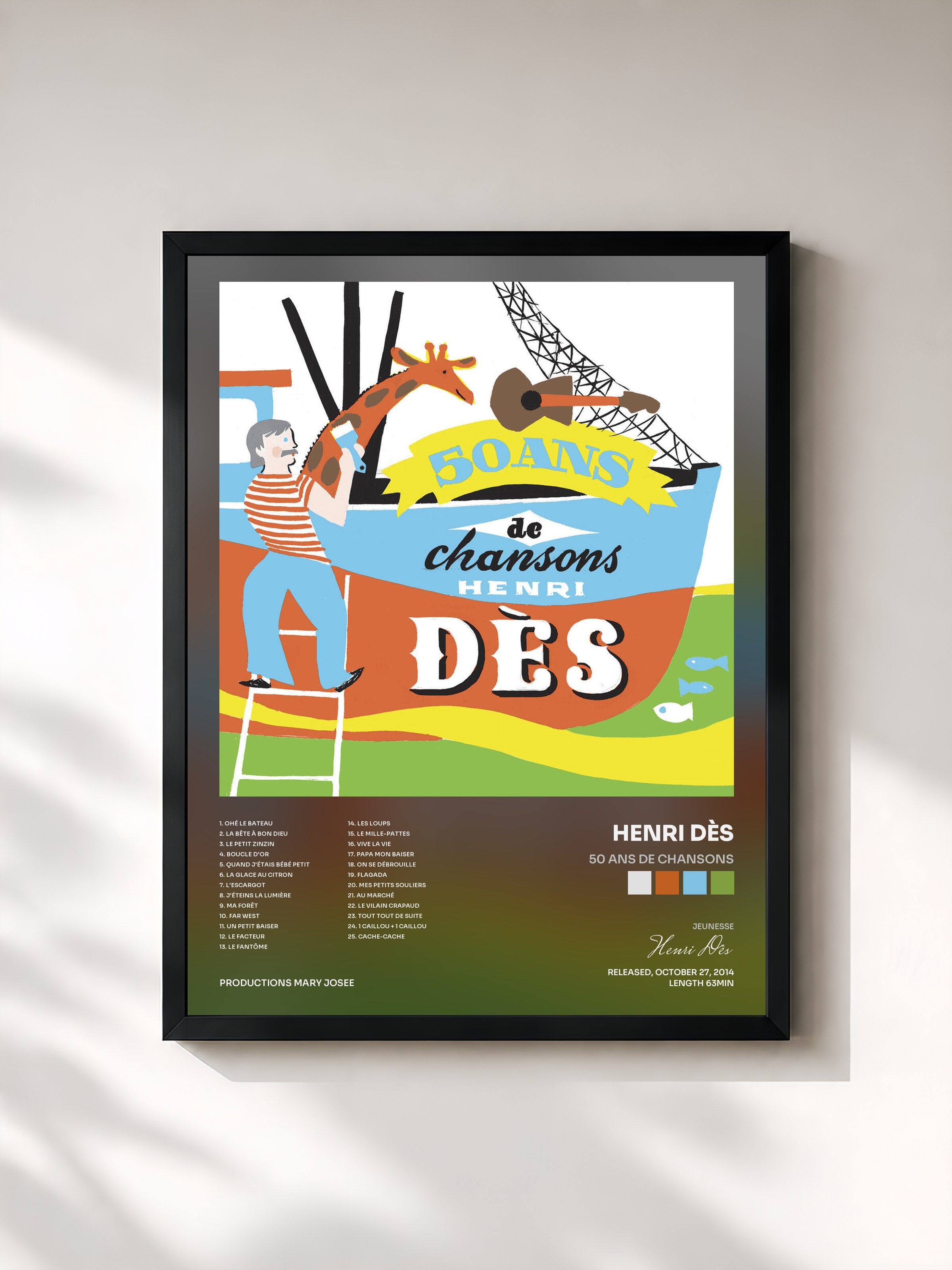 #noir Tableau de l'album 50 ans de chansons de Henri Dès, cadre noir, imprimé et encadré en France