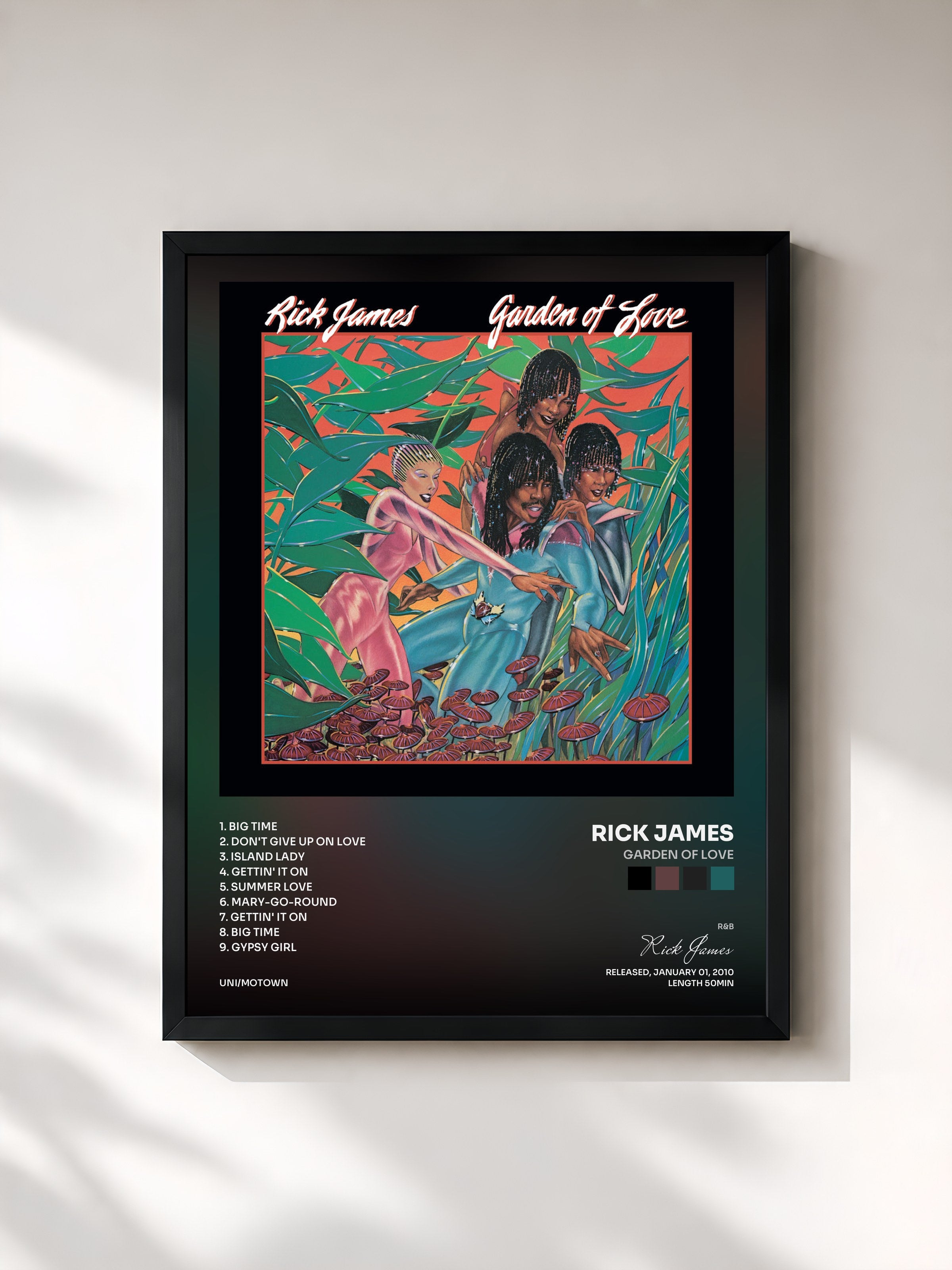 #noir Tableau de l'album Garden Of Love de Rick James, cadre noir, imprimé et encadré en France