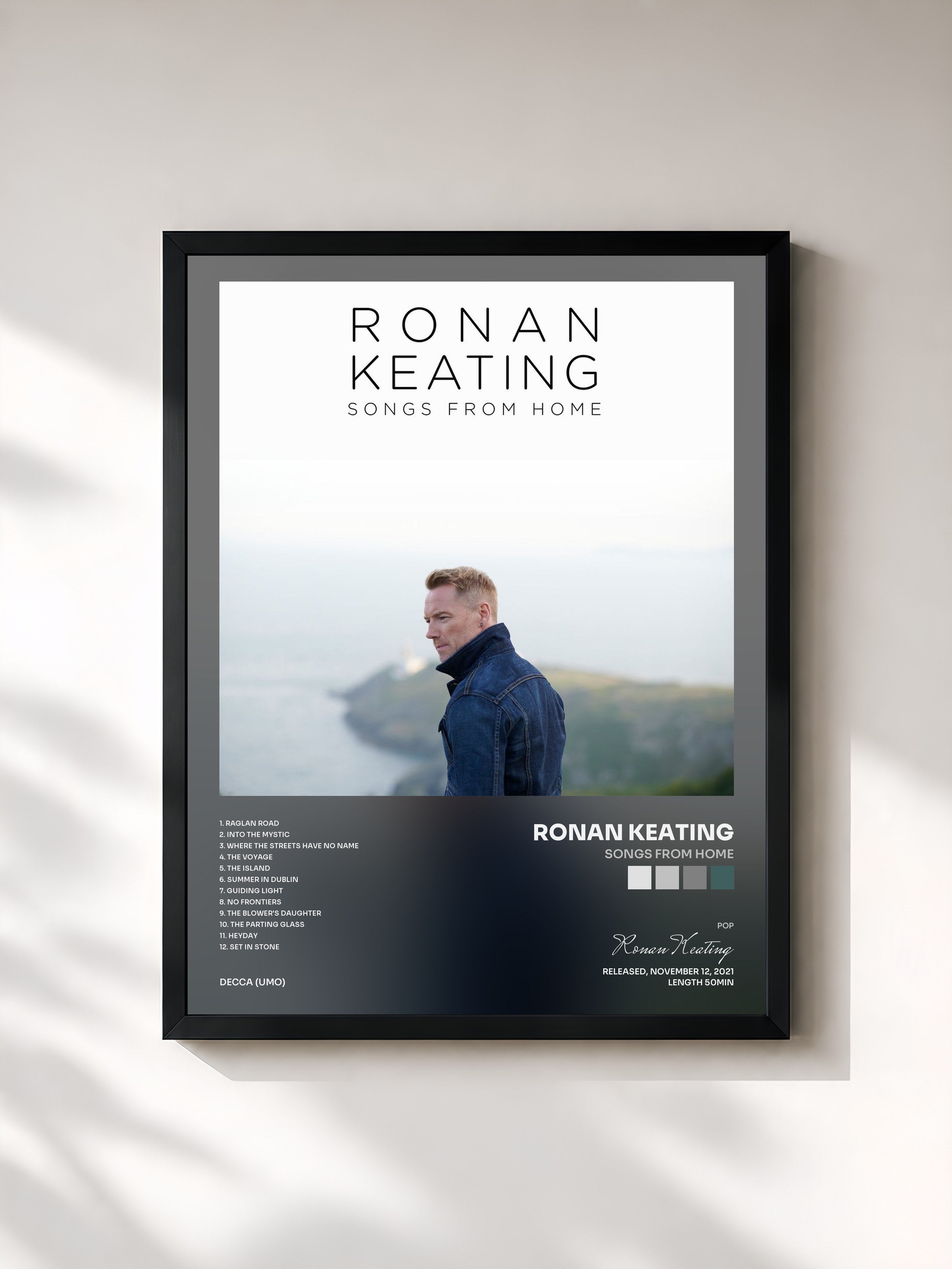 #noir Tableau de l'album Songs From Home de Ronan Keating, cadre noir, imprimé et encadré en France
