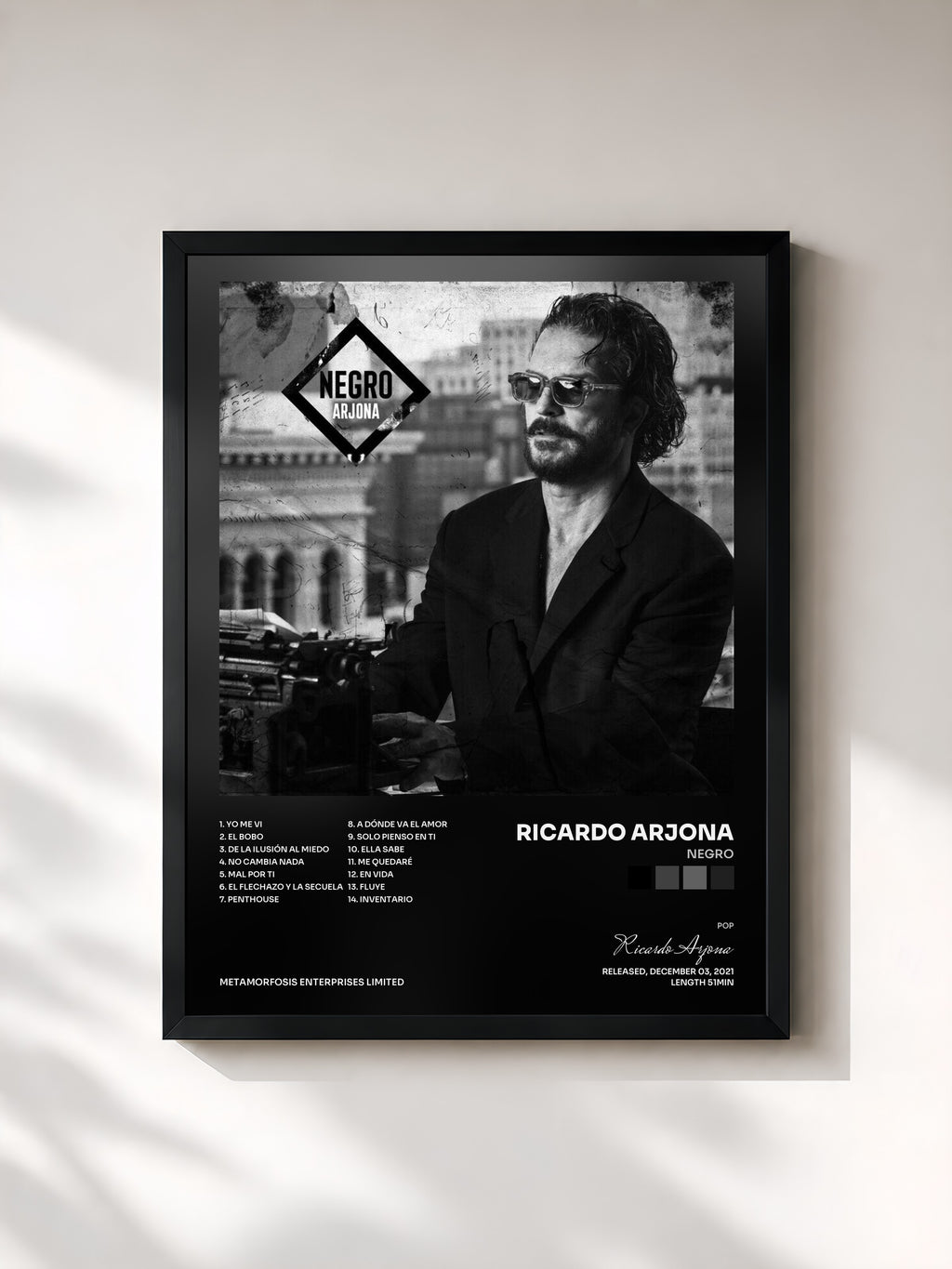#noir Tableau de l'album Negro de Ricardo Arjona, cadre noir, imprimé et encadré en France