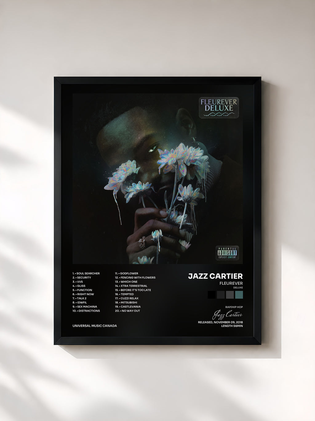 #noir Tableau de l'album Fleurever (Deluxe) de Jazz Cartier, cadre noir, imprimé et encadré en France