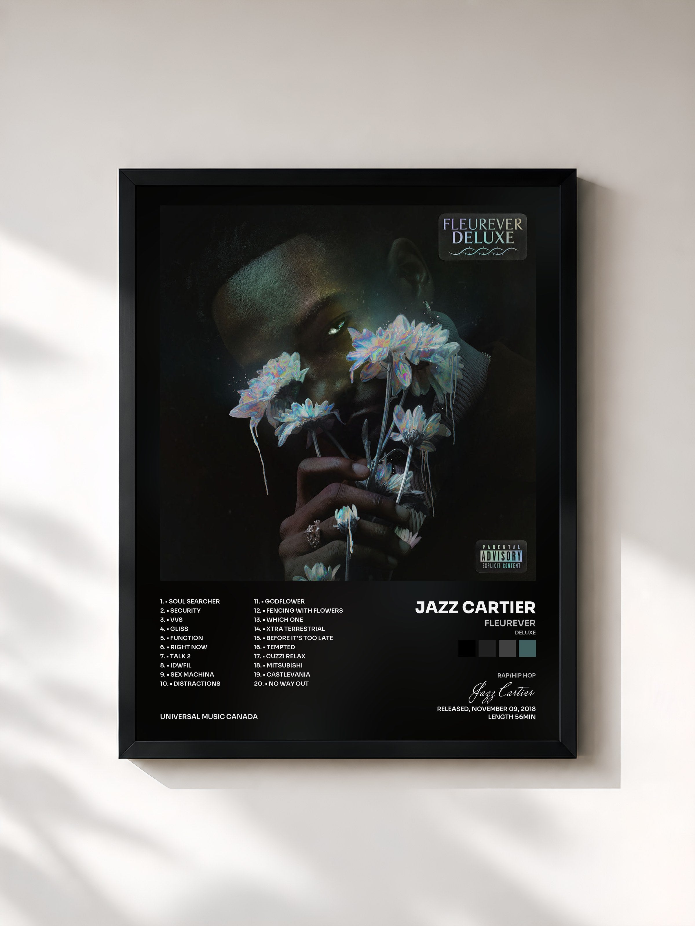 #noir Tableau de l'album Fleurever (Deluxe) de Jazz Cartier, cadre noir, imprimé et encadré en France