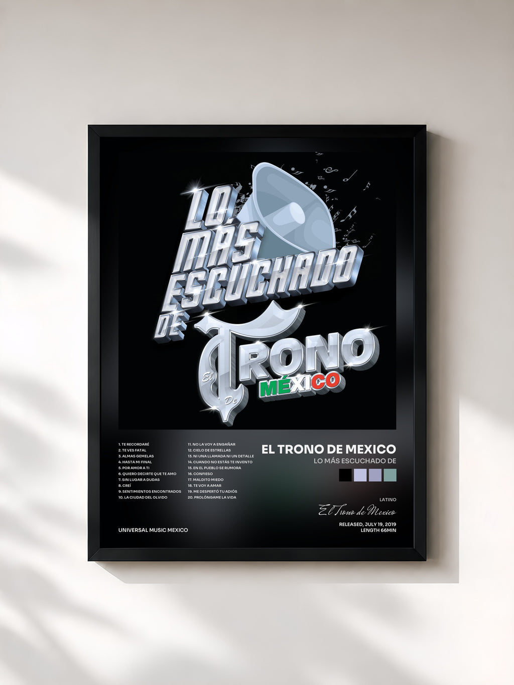 #noir Tableau de l'album Lo Más Escuchado De de El Trono de Mexico, cadre noir, imprimé et encadré en France