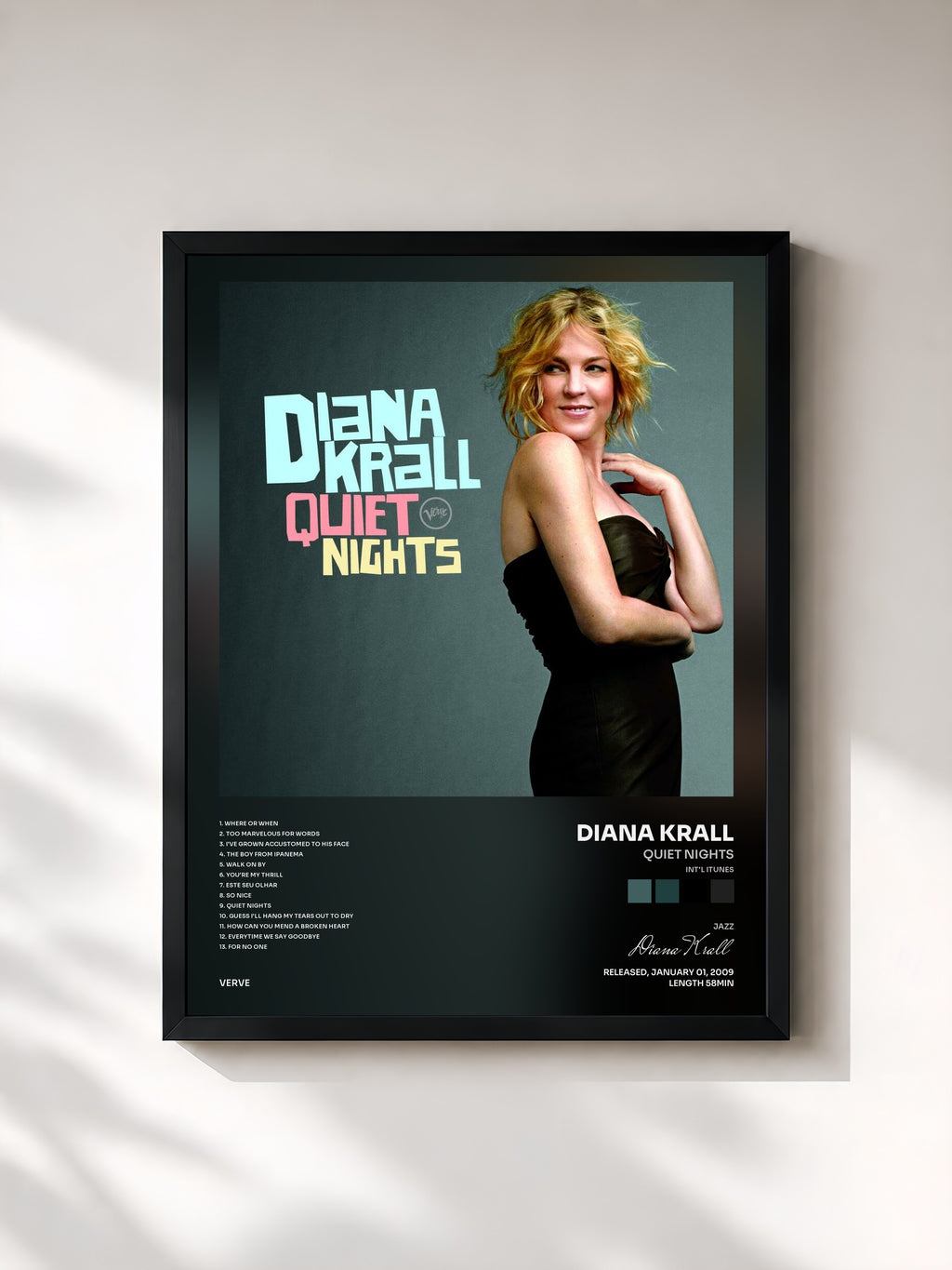 #noir Tableau de l'album Quiet Nights (Int'l iTunes) de Diana Krall, cadre noir, imprimé et encadré en France