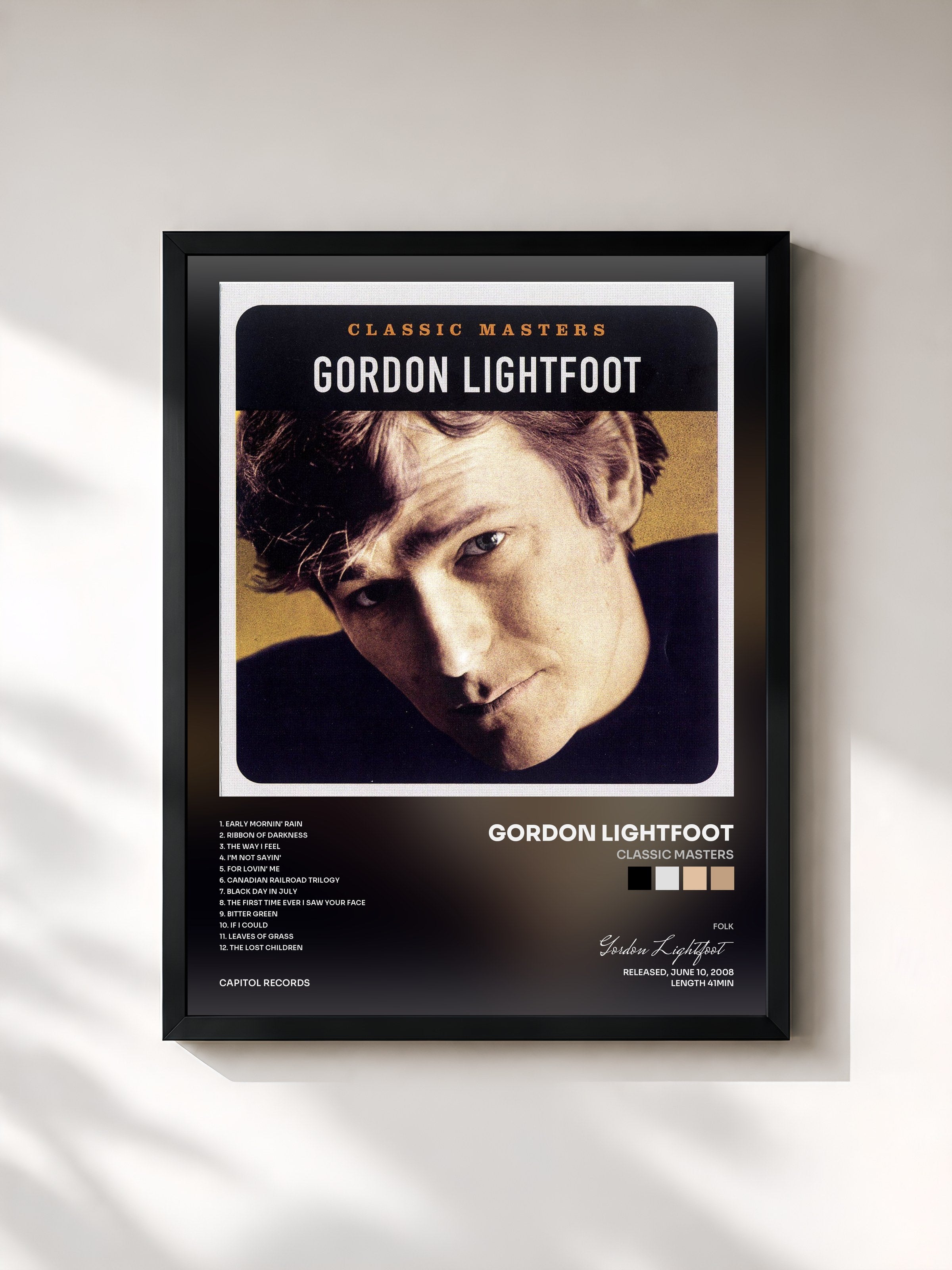 #noir Tableau de l'album Classic Masters de Gordon Lightfoot, cadre noir, imprimé et encadré en France