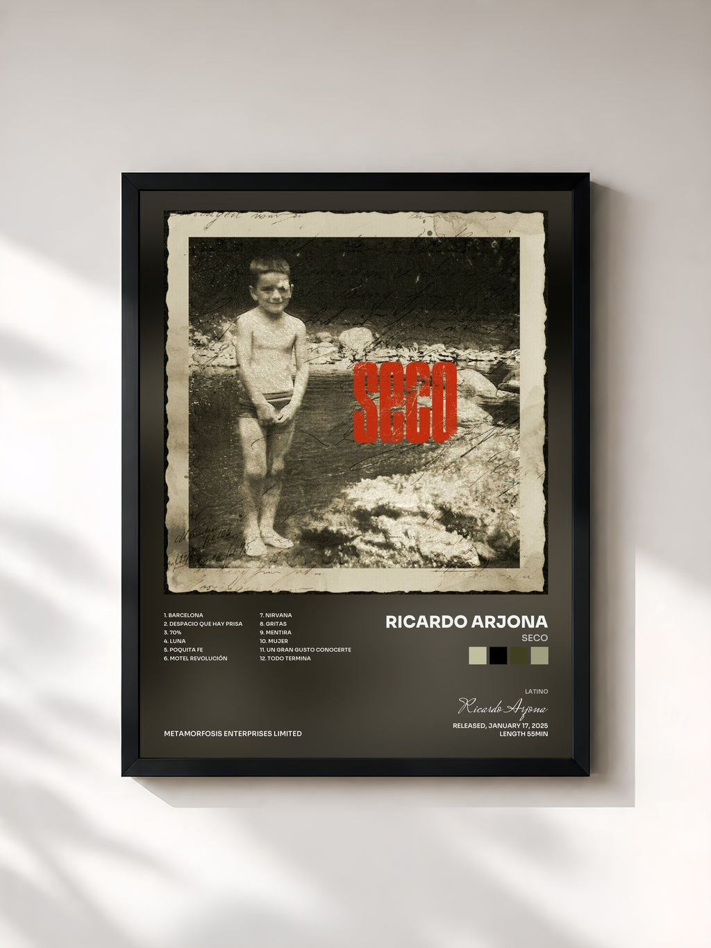 #noir Tableau de l'album SECO de Ricardo Arjona, cadre noir, imprimé et encadré en France
