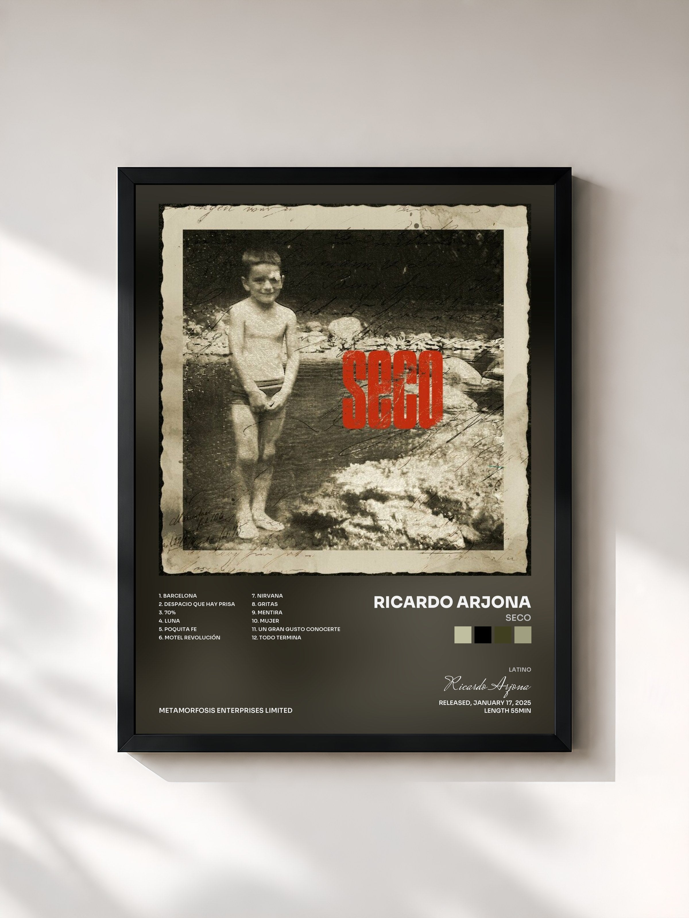 #noir Tableau de l'album SECO de Ricardo Arjona, cadre noir, imprimé et encadré en France