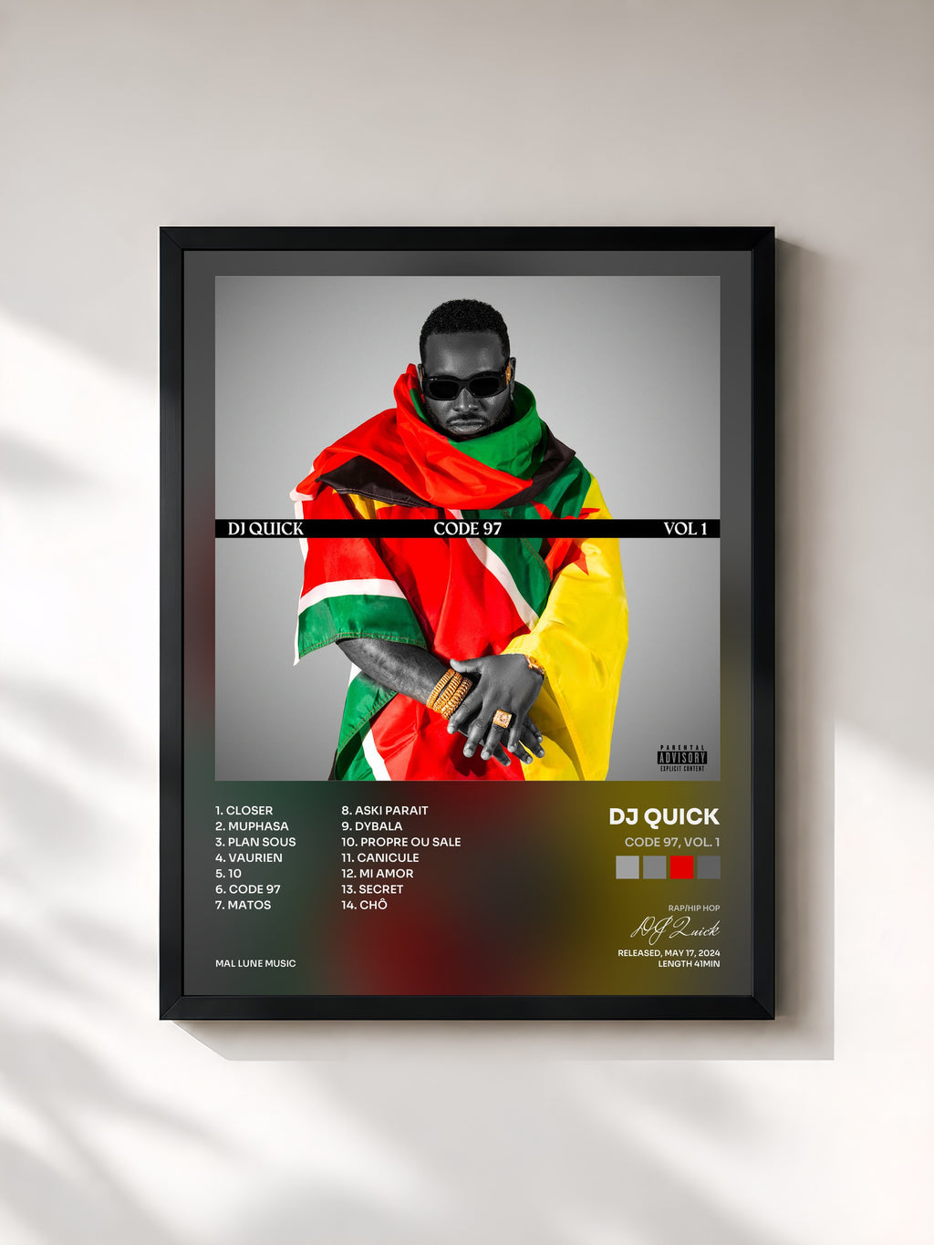 #noir Tableau de l'album CODE 97, Vol. 1 de DJ Quick, cadre noir, imprimé et encadré en France