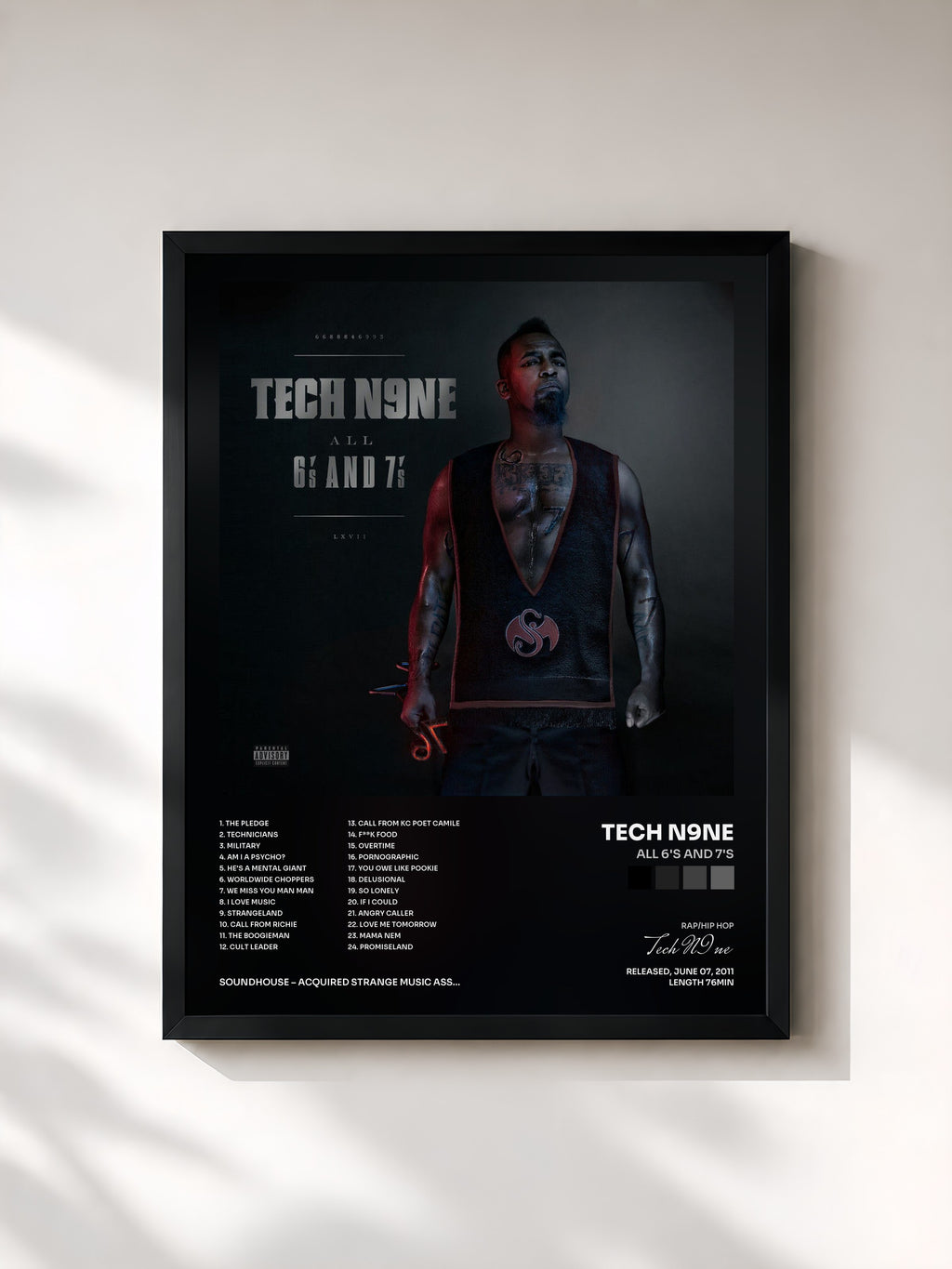 #noir Tableau de l'album All 6's And 7's de Tech N9ne, cadre noir, imprimé et encadré en France