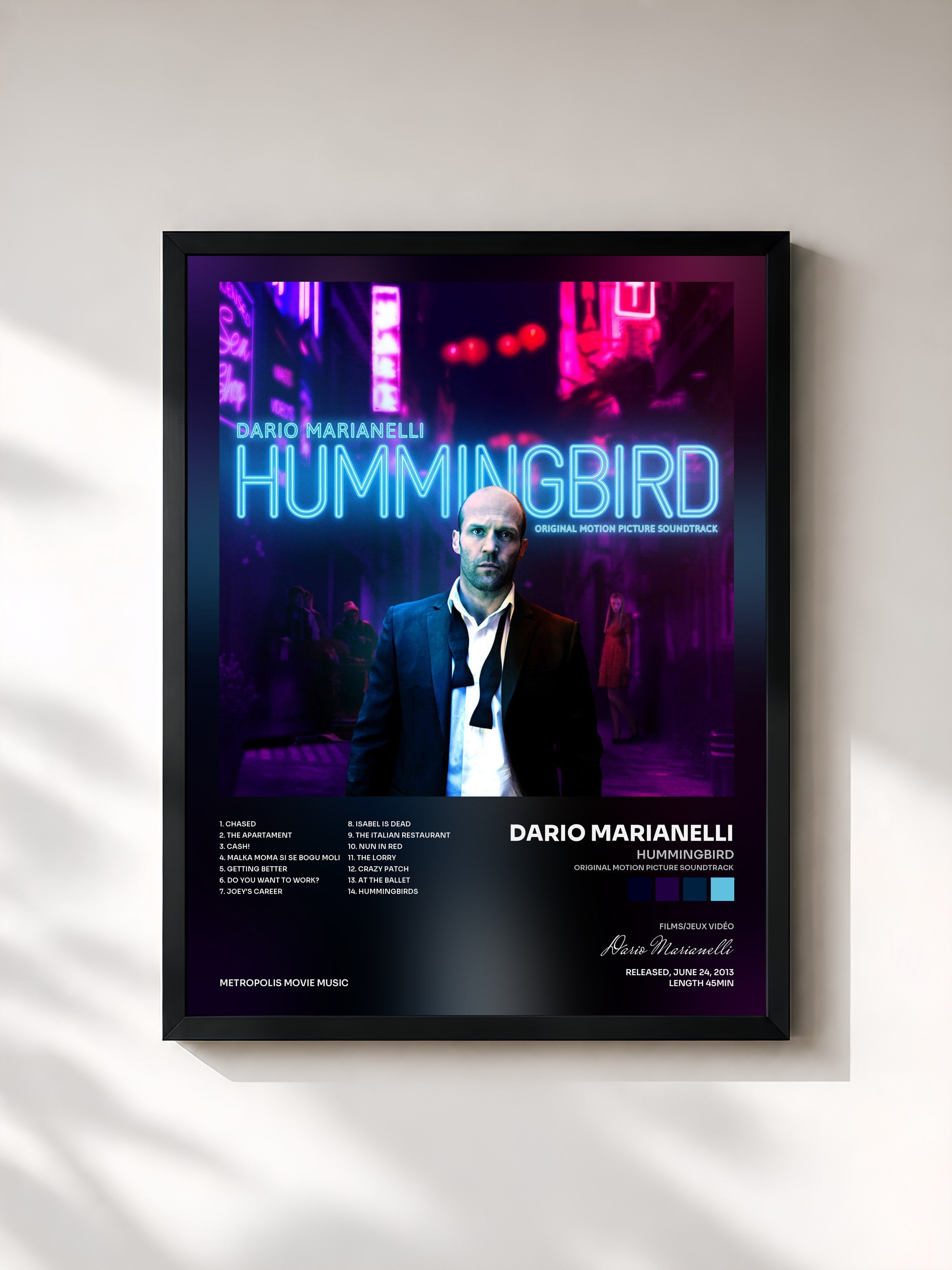 #noir Tableau de l'album Hummingbird (Original Motion Picture Soundtrack) de Dario Marianelli, cadre noir, imprimé et encadré en France