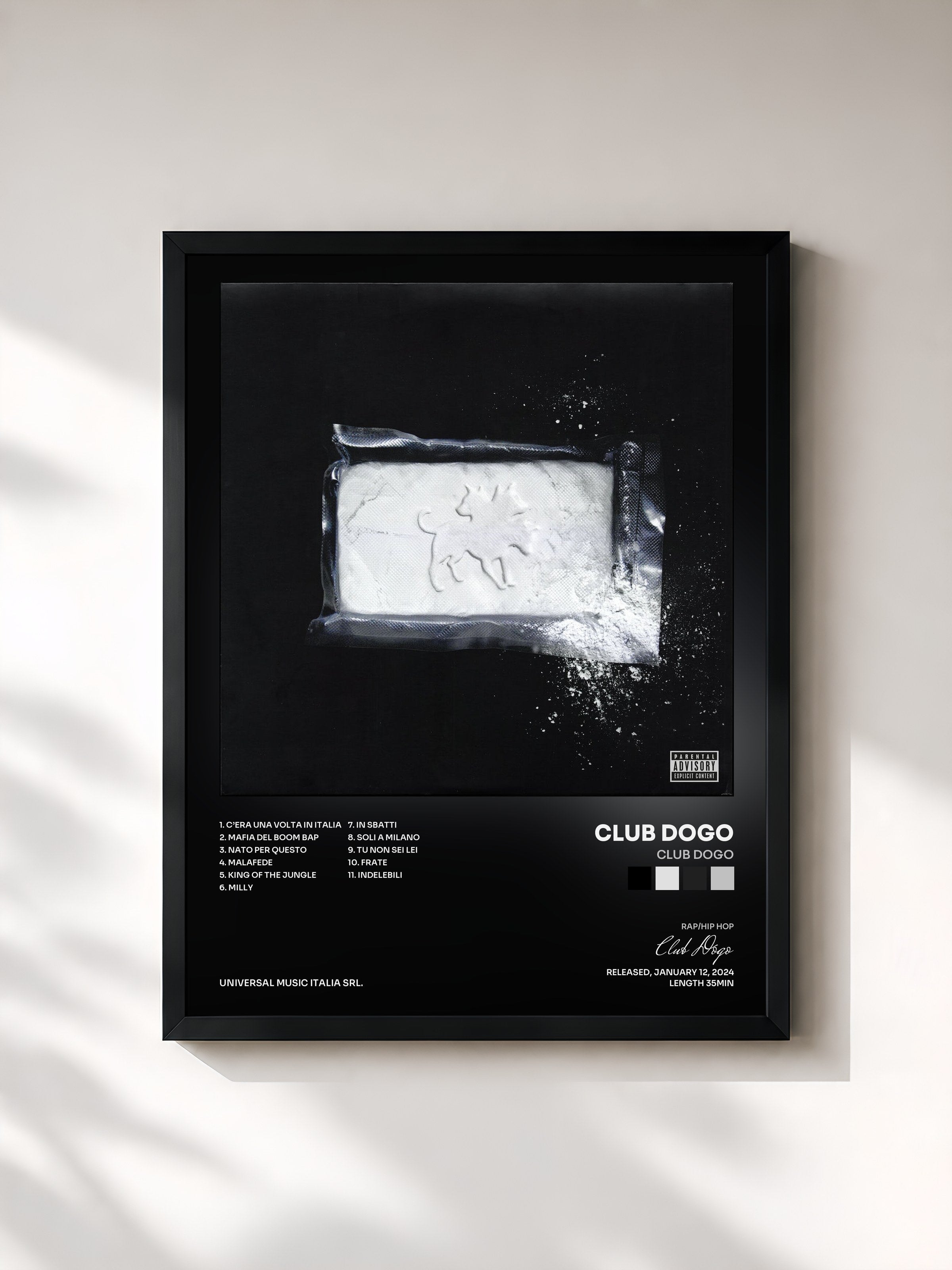 #noir Tableau de l'album Club Dogo de Club Dogo, cadre noir, imprimé et encadré en France