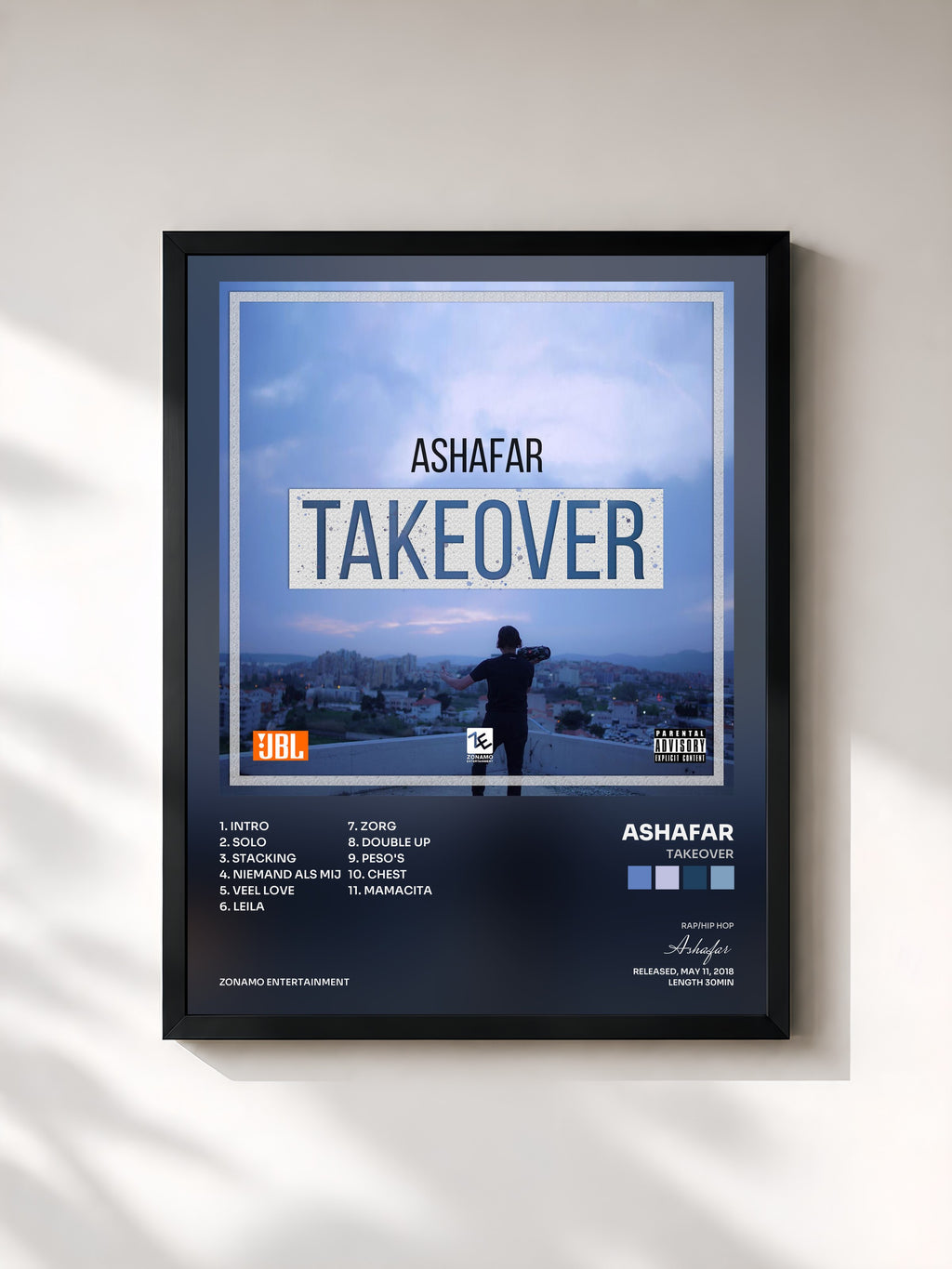 #noir Tableau de l'album TAKEOVER de Ashafar, cadre noir, imprimé et encadré en France