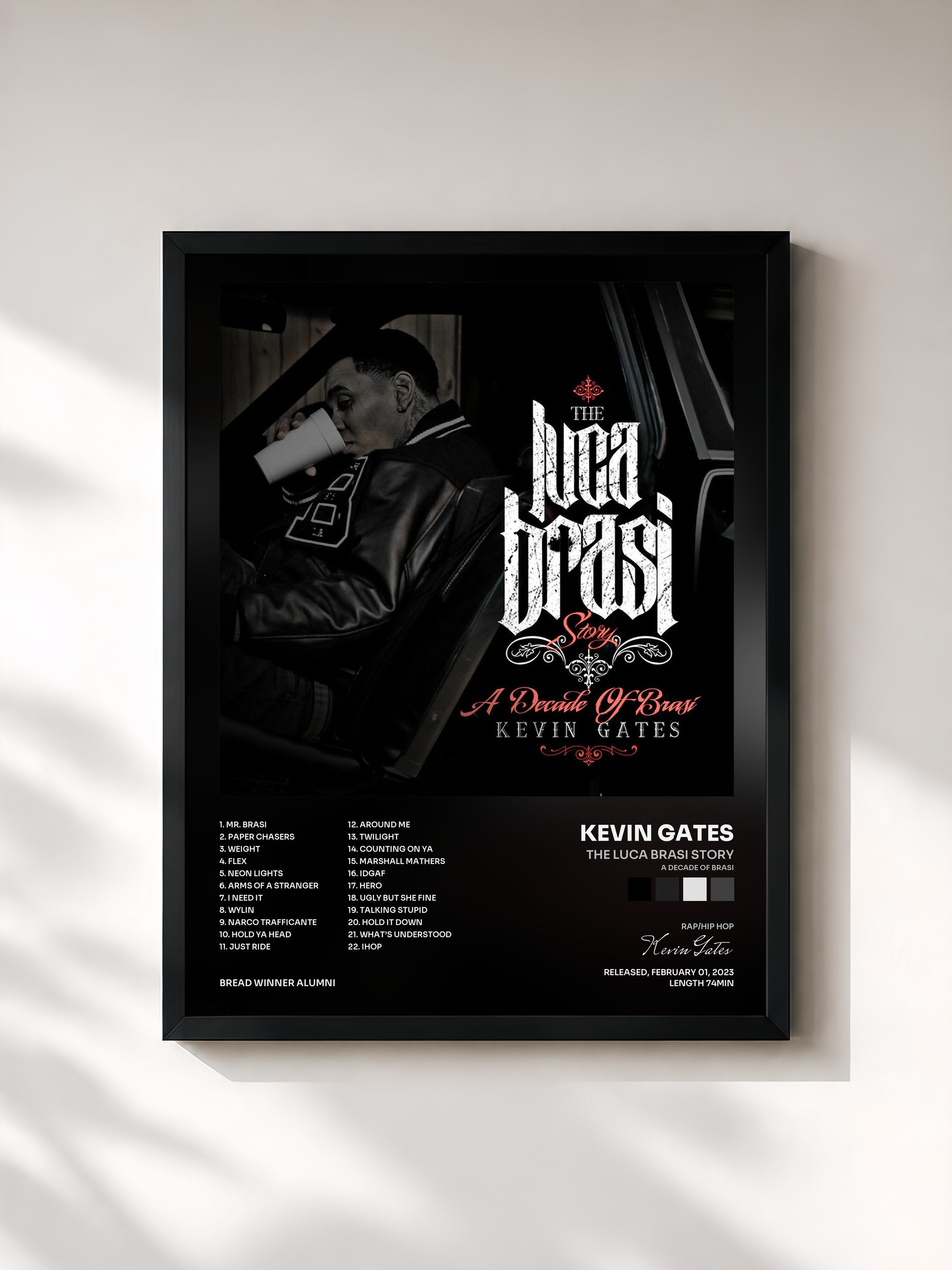 #noir Tableau de l'album THE LUCA BRASI STORY (A DECADE OF BRASI) de Kevin Gates, cadre noir, imprimé et encadré en France