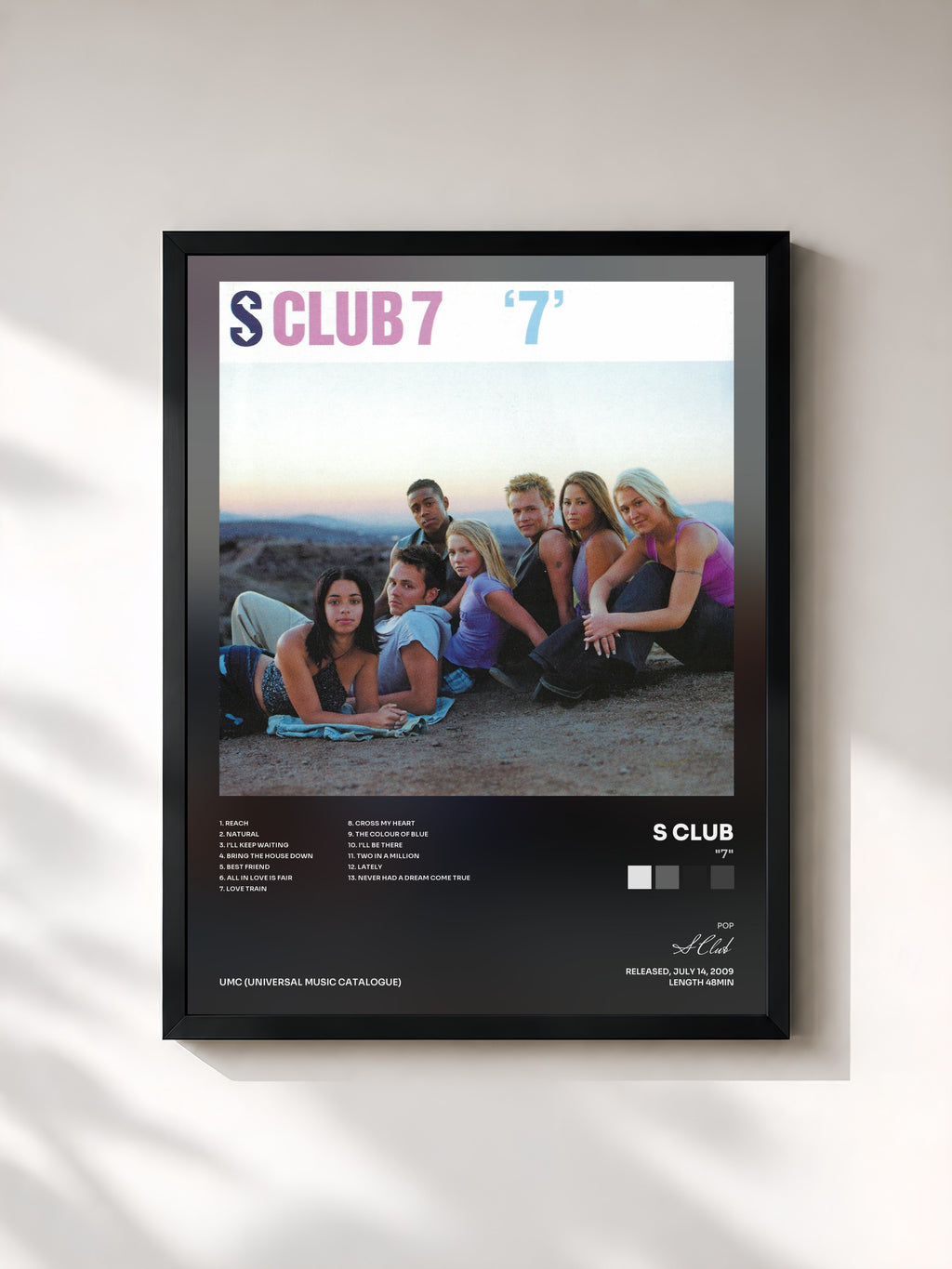 #noir Tableau de l'album "7" de S Club, cadre noir, imprimé et encadré en France
