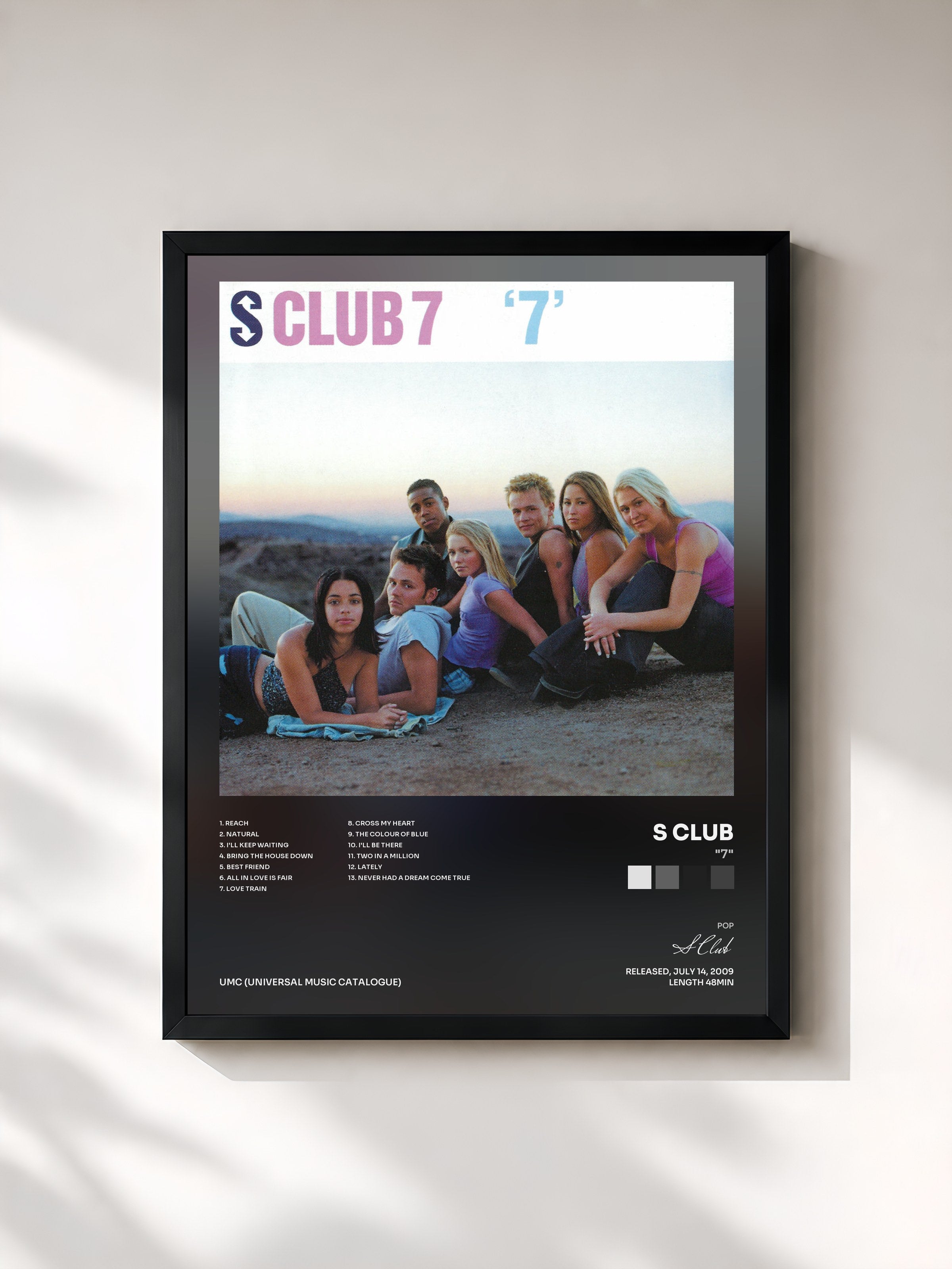 #noir Tableau de l'album "7" de S Club, cadre noir, imprimé et encadré en France