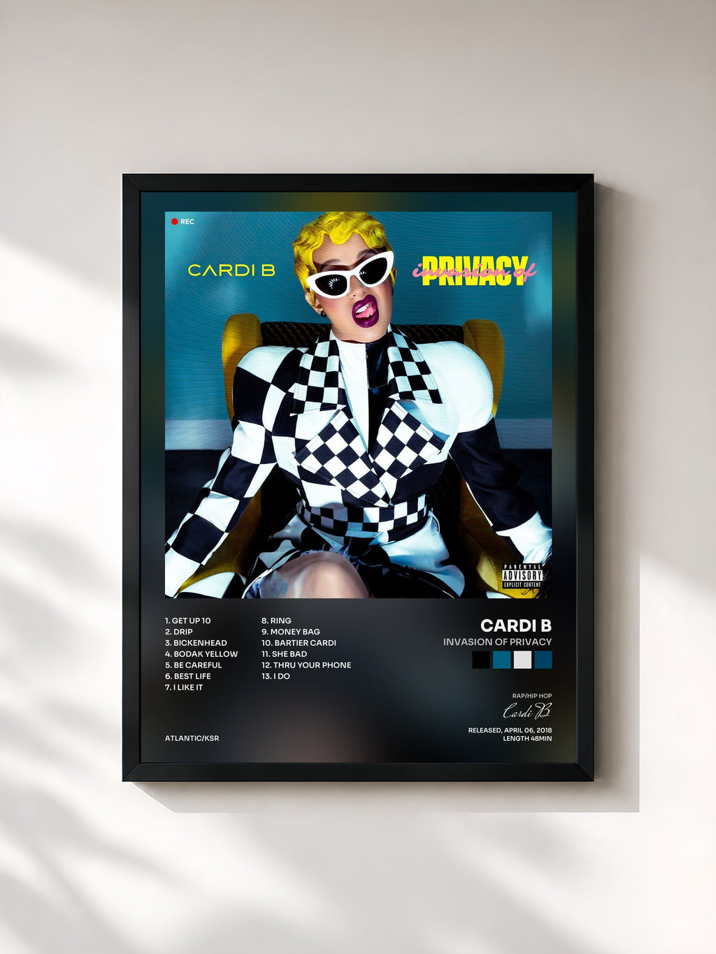 #noir Tableau de l'album Invasion of Privacy de Cardi B, cadre noir, imprimé et encadré en France