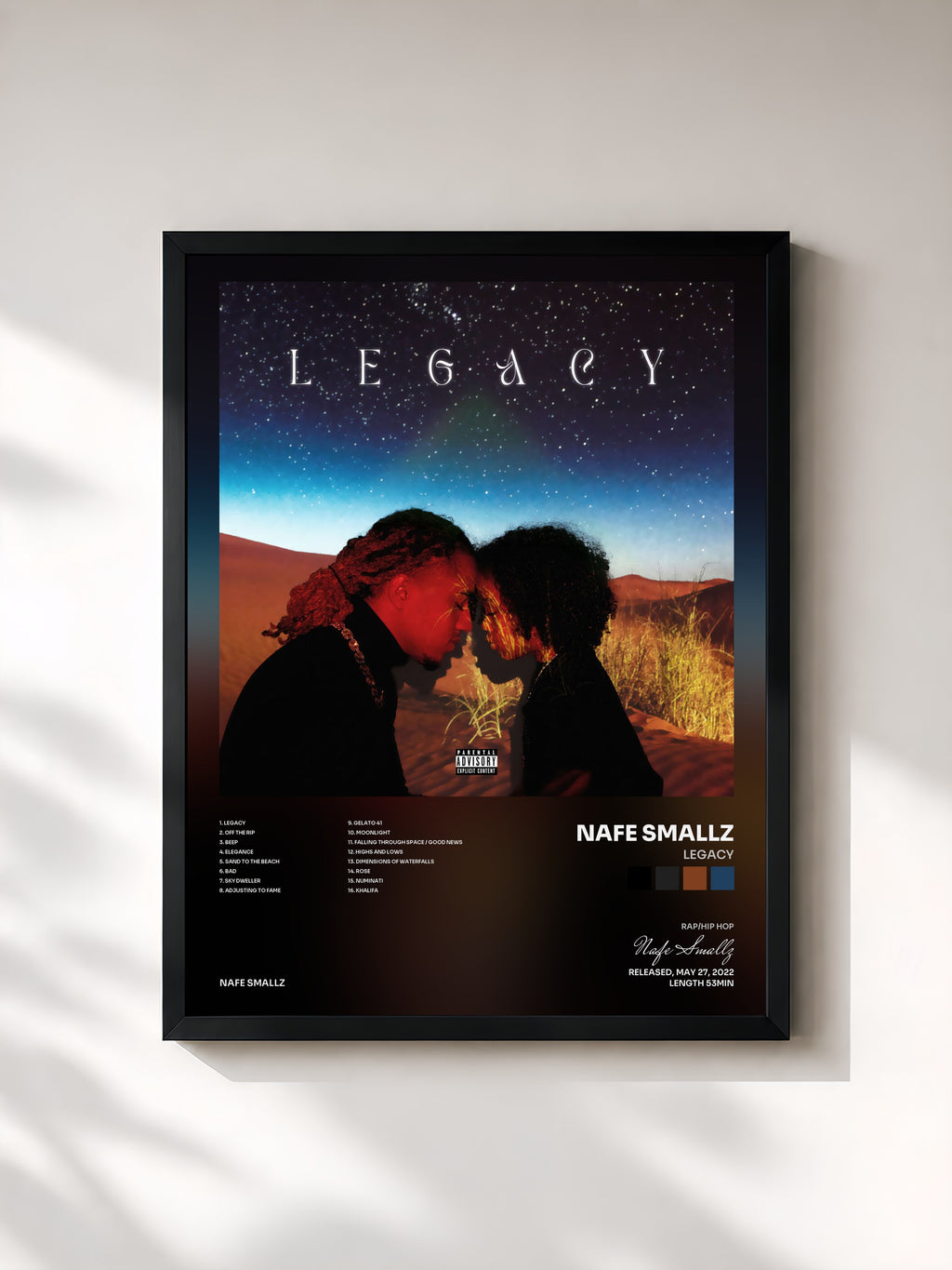 #noir Tableau de l'album Legacy de Nafe Smallz, cadre noir, imprimé et encadré en France