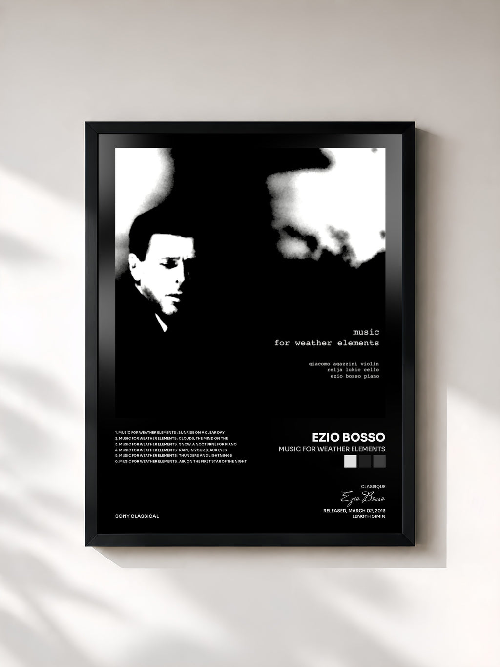 #noir Tableau de l'album Music for Weather Elements de Ezio Bosso, cadre noir, imprimé et encadré en France