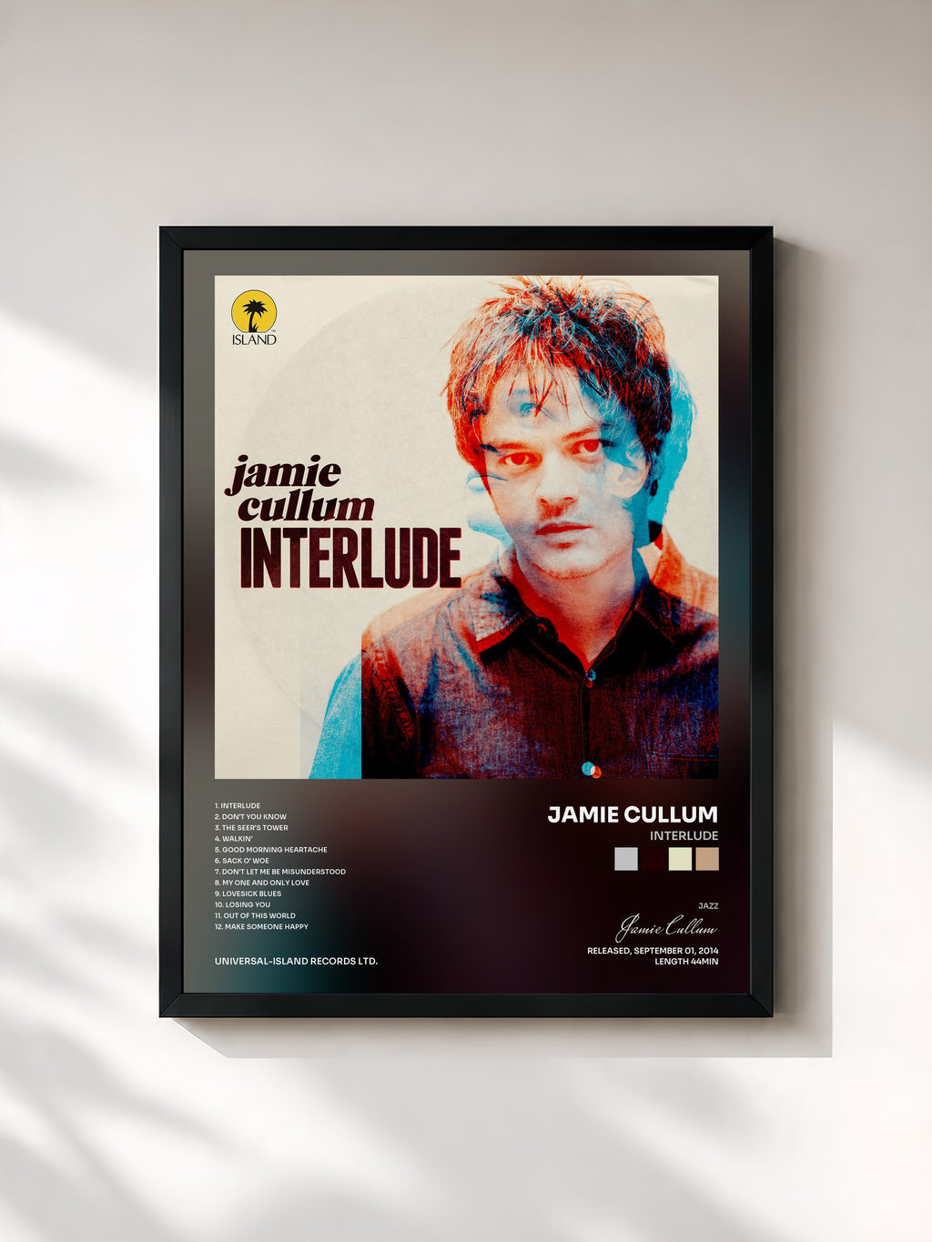 #noir Tableau de l'album Interlude de Jamie Cullum, cadre noir, imprimé et encadré en France