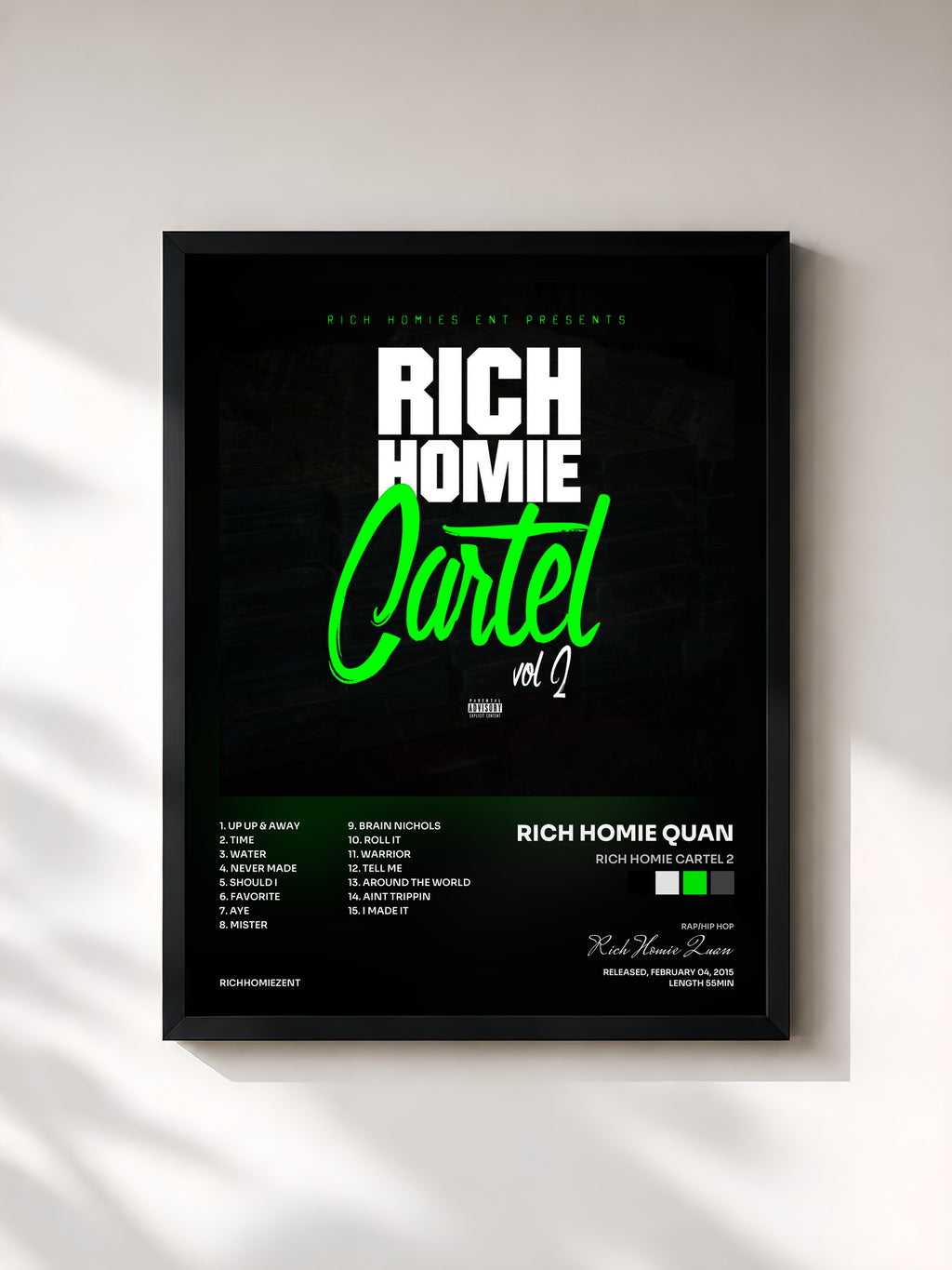 #noir Tableau de l'album Rich Homie Cartel 2 de Rich Homie Quan, cadre noir, imprimé et encadré en France