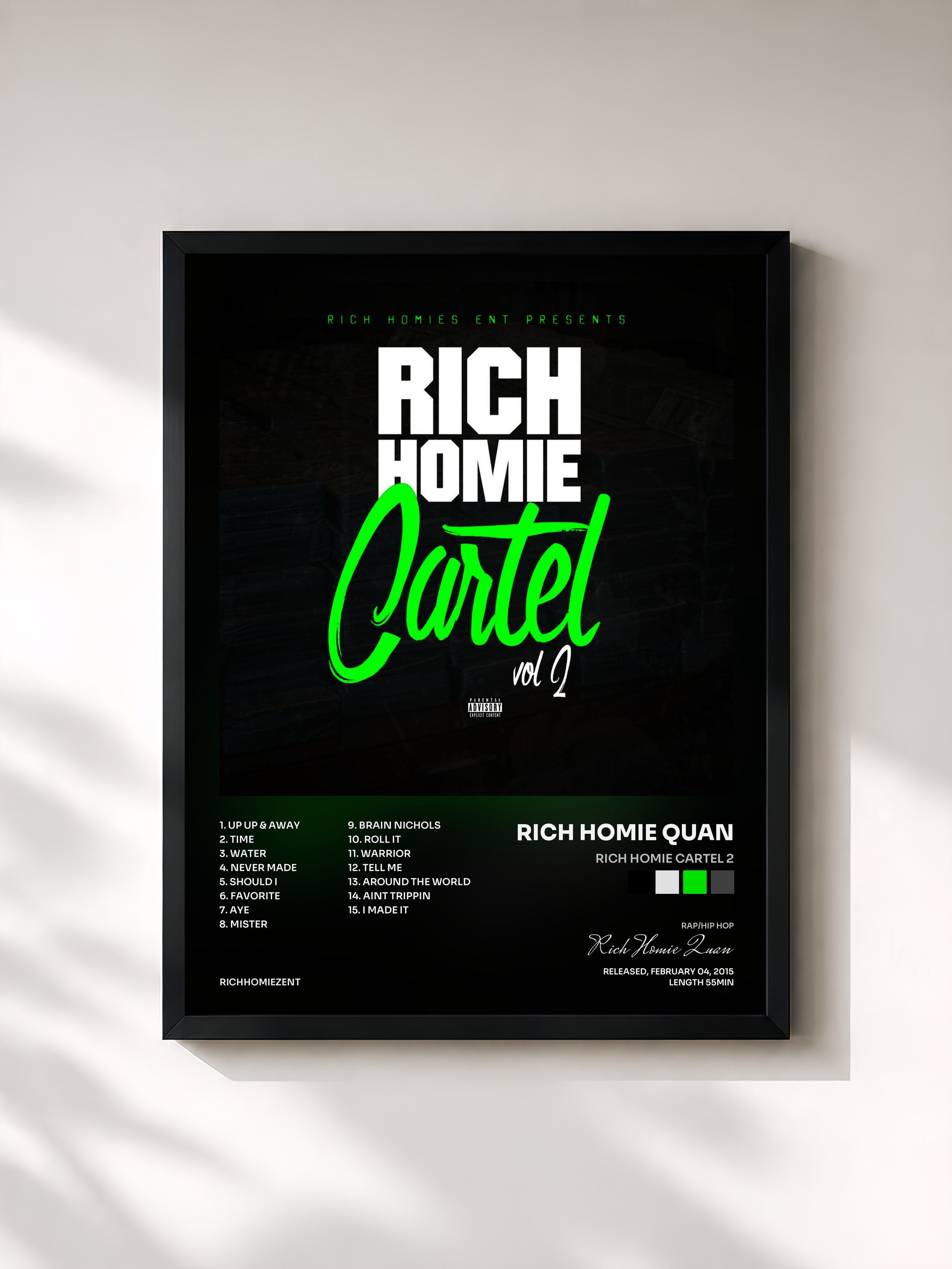 #noir Tableau de l'album Rich Homie Cartel 2 de Rich Homie Quan, cadre noir, imprimé et encadré en France