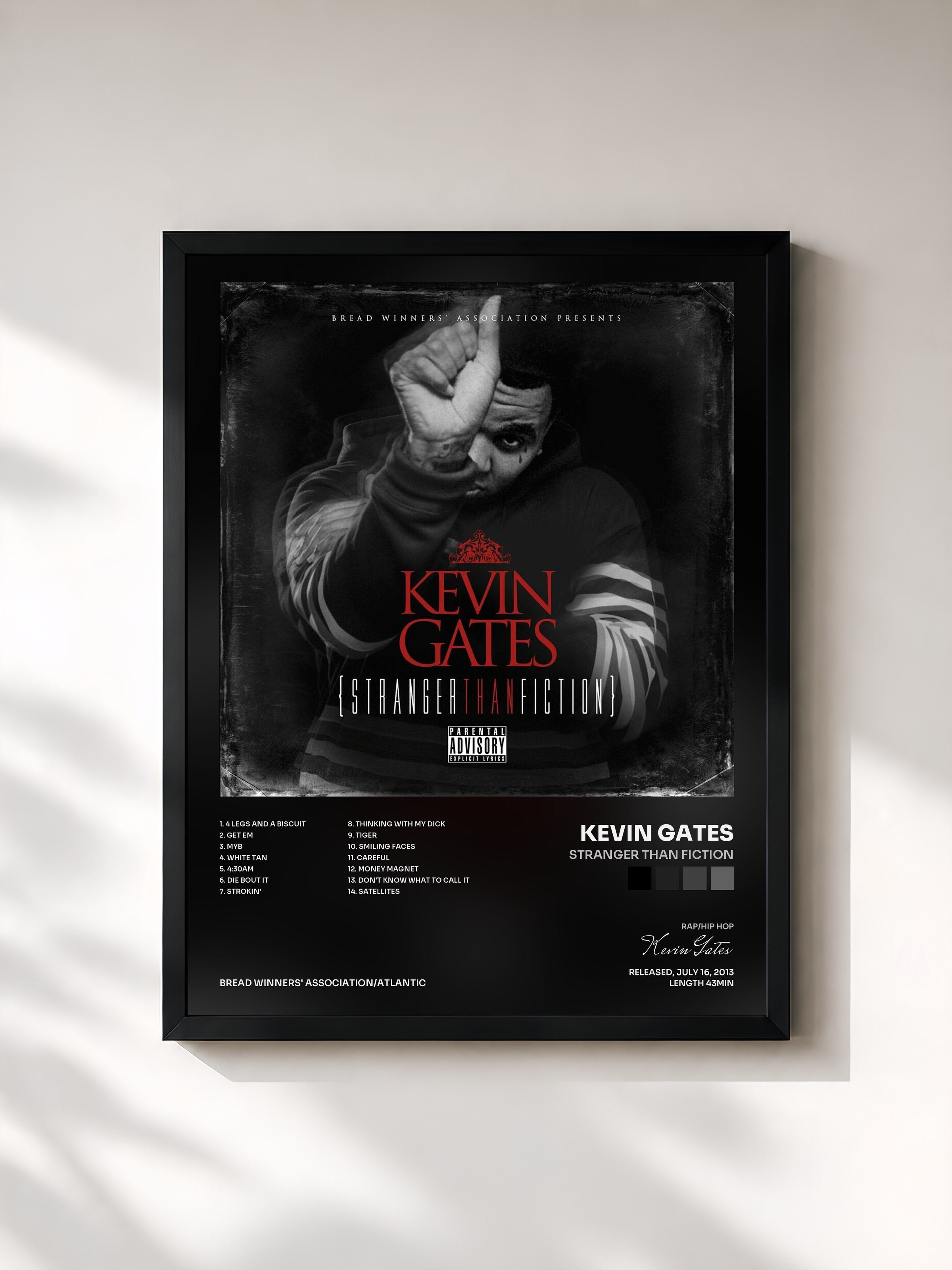 #noir Tableau de l'album Stranger Than Fiction de Kevin Gates, cadre noir, imprimé et encadré en France